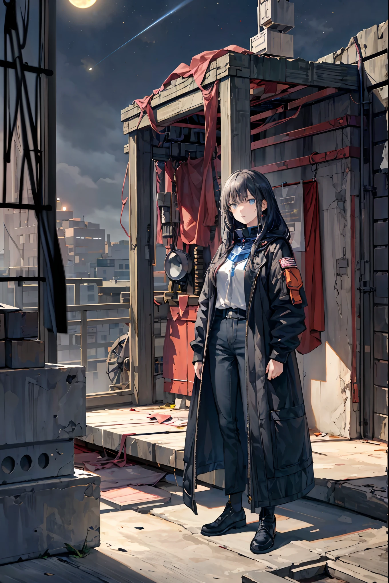 abandoned space station,woman standing with her eyes open android,Night sky with big moon visible,astronauts standing up,4k,High Quality,Digital 3D Rendering,Realistic,Inspired by ,dark fantasy,mechanical atmosphere,cinematic,moody lighting,Deep Shadow,Cool color scheme ,listless expression