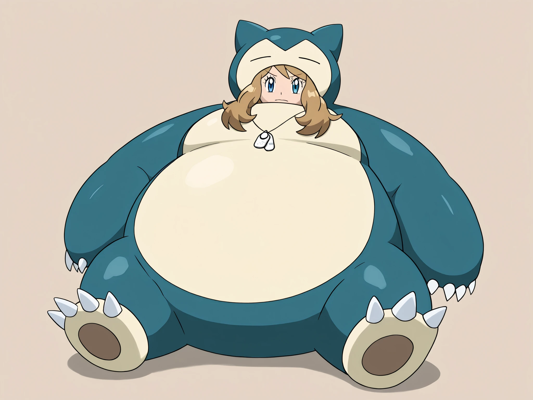 Female snorlax, blue body, eyes closed, claws, Helpful tags are : fat, pokémon (creature), source_anime, pokemonserena, serena, long hair, blue eyes, brown hair, massive, very giant body, thick arms, full body shot 