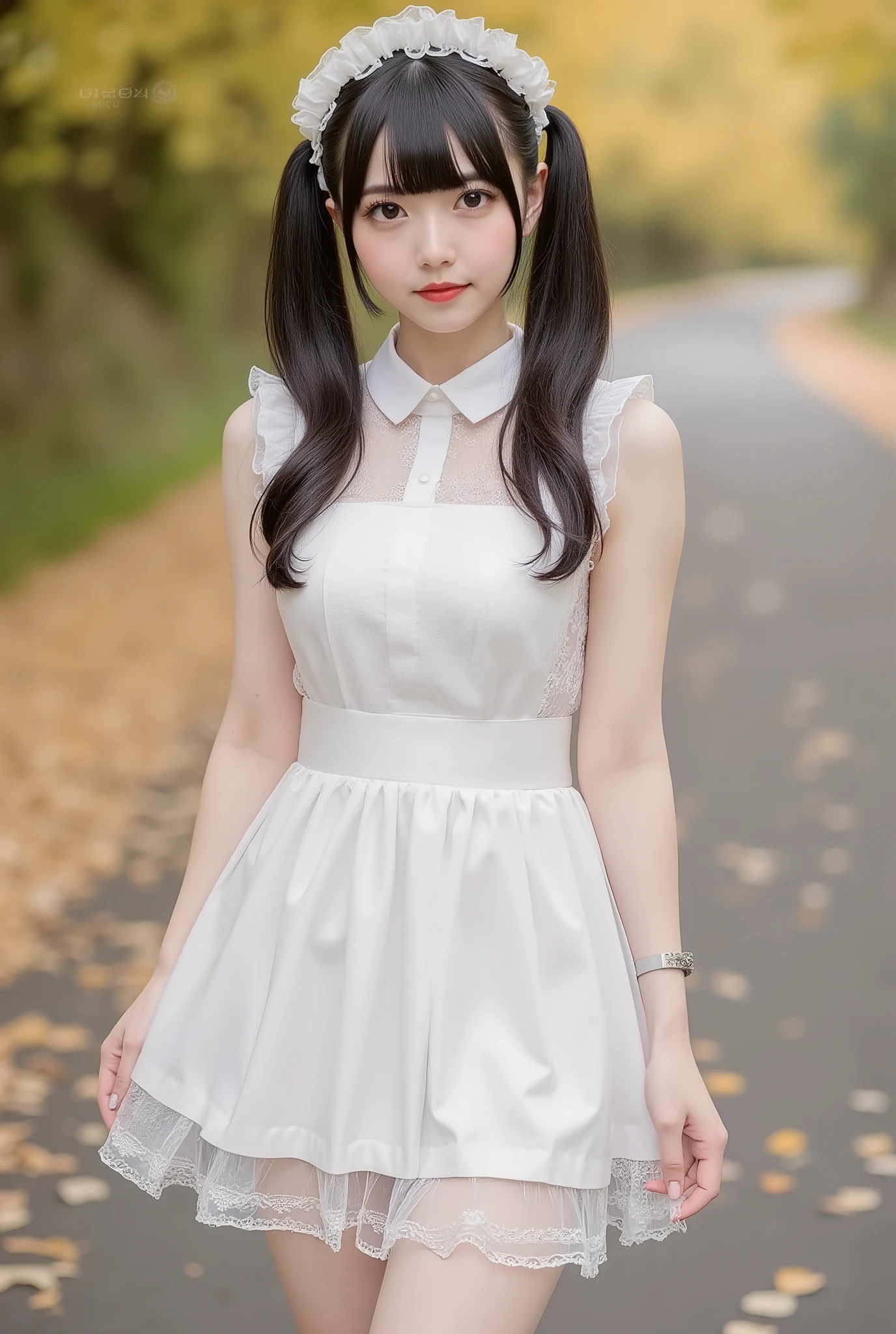 (8K quality pictures 、Ultra High Definition)、Mountain road with autumn leaves、(((above the knee image)))、((low angle))、is insanely cute、(A collaboration between amazingly cute)、(((White Pretty Maid Outfit and Full Body Sheer Pita Outfit))、(Super slim figure that can be seen through)、black hair twin tails、((small breasts))、pose、