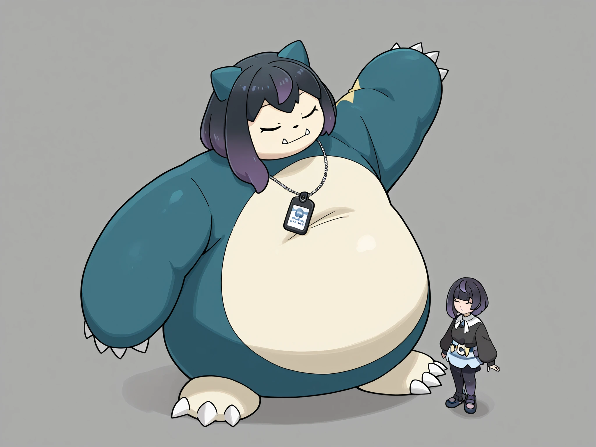 Female snorlax, blue body, eyes closed, claws, Helpful tags are : fat, pokémon (creature), gwynn, gwynn \(pokemon\), gradient hair, black hair, purple hair, short hair, asymmetrical sidelocks, bob cut, very giant body, thick arms, full body shot 