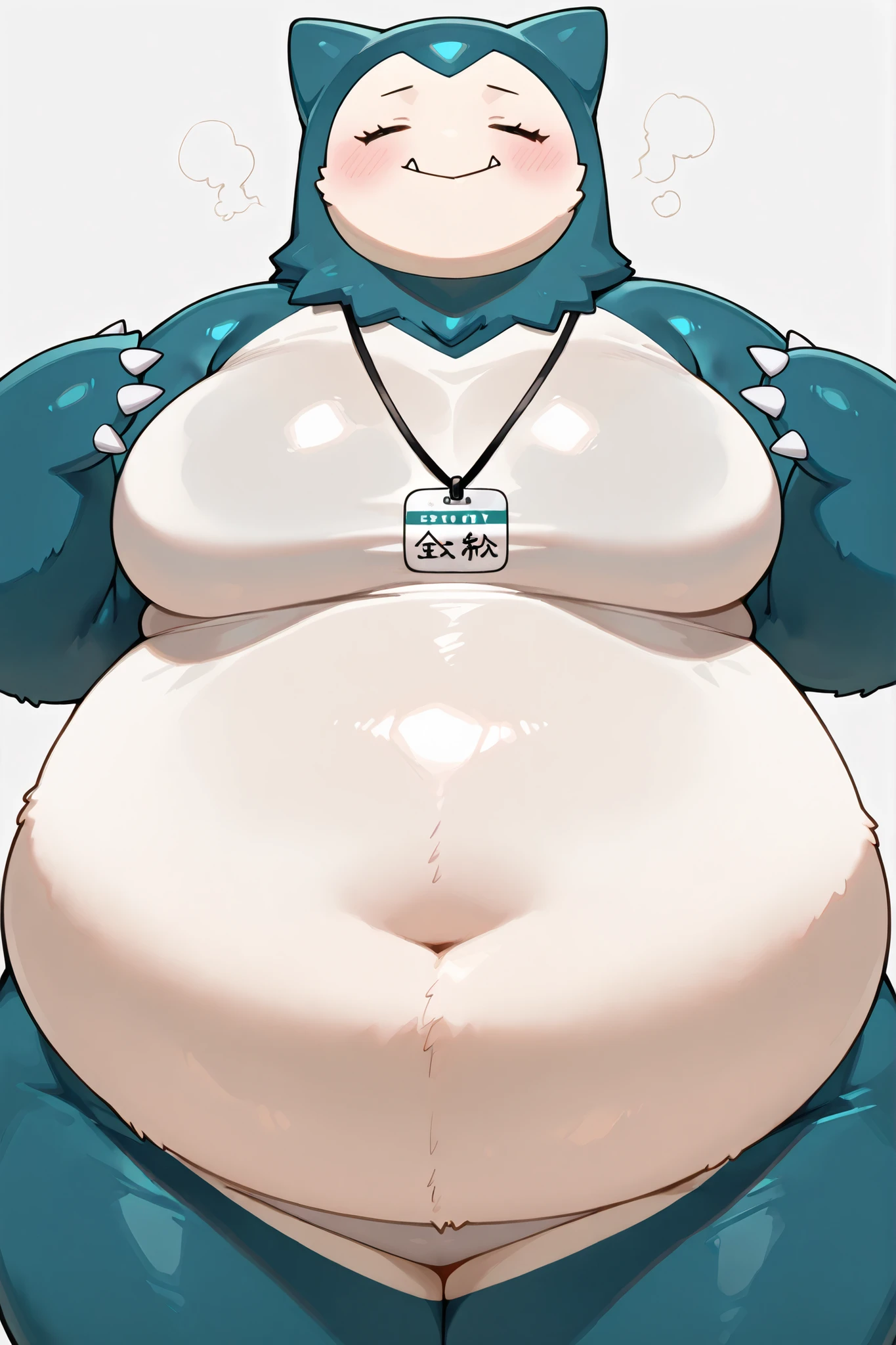 Female snorlax, blue body, eyes closed, claws, Helpful tags are : fat, pokémon (creature), very giant body, thick arms, fat chubby girl, big pectorals, strong arms, tight tighs, big belly, horny face, blushed, sexy , full cosplay, snorlax cosplay