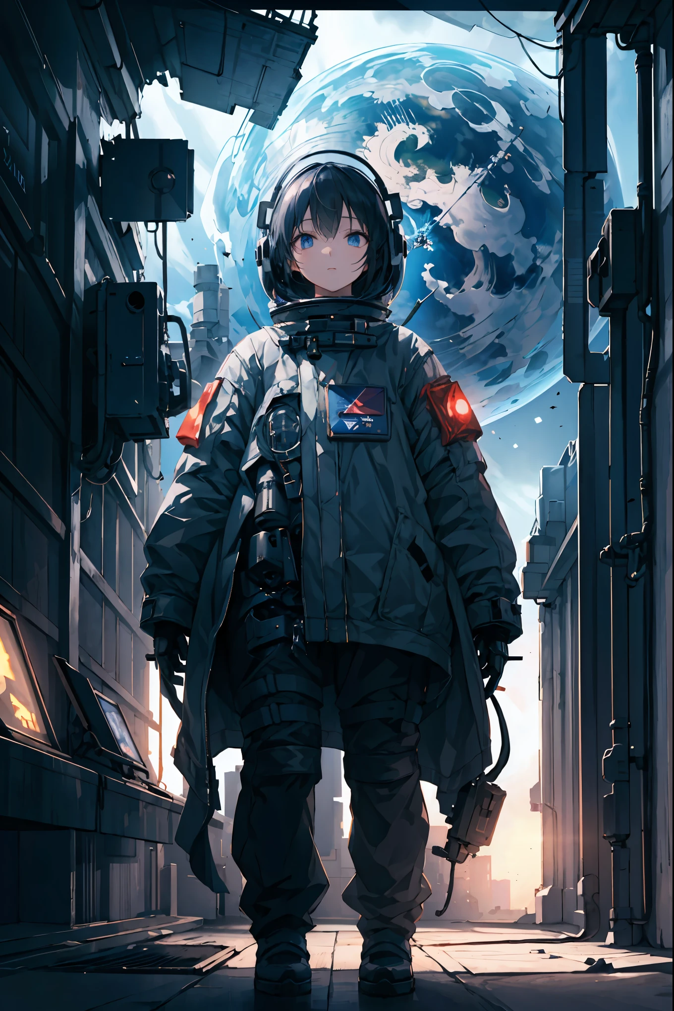 abandoned space station,woman standing with her eyes open android,Night sky with big moon visible,astronauts standing up，comet,meteor、空から降り注ぐmeteor、無数のmeteor群、4k,High Quality,Digital 3D Rendering,Realistic,Inspired by ,dark fantasy,mechanical atmosphere,cinematic,moody lighting,Deep Shadow,Cool color scheme ,listless expression