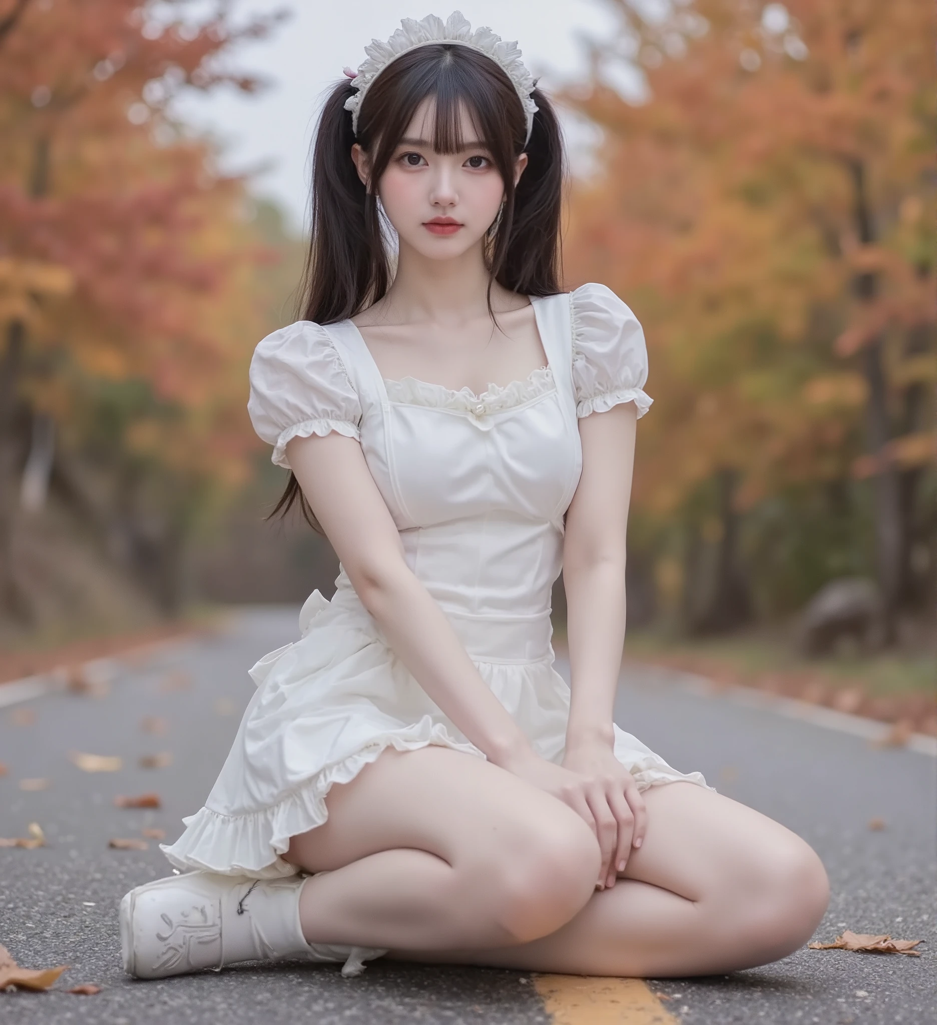 (8K quality pictures 、Ultra High Definition)、Mountain road with autumn leaves、(((above the knee image)))、((low angle))、is insanely cute、(A collaboration between amazingly cute)、(((White Pretty Maid Outfit and Full Body Sheer Pita Outfit))、(Super slim figure that can be seen through)、black hair twin tails、((small breasts))、pose、