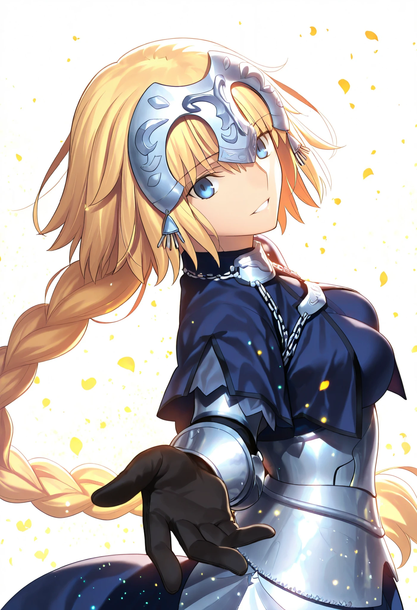 masterpiece, , absurdres, highres, detailed background, high resolution, masterpiece, necessary, , best quality, quality, necessary, details, High details, Precise, 8k ,(white background, simple ground),((colorful light particles, powder light, shiny light )), from side, close up, upper body, ,
1girl, Takeuchi Takashi (type-moon, tsukihime) style, takeuchi takashi style, solo, (aged up:1.2), head tilt, light smile,((from above)), reaching,
1girl, jeanne d arc, \(fgo\), light blue eyes, tsurime, jeanne d arc, blonde hair, medium hair, tsurime, single braid, ((very big braid, huge braid)), , armor, armored dress, black gloves, huge braid, dress, , gloves, headpiece, blue dress, ,small breasts ,(looking at viewer), parted lips, ,,