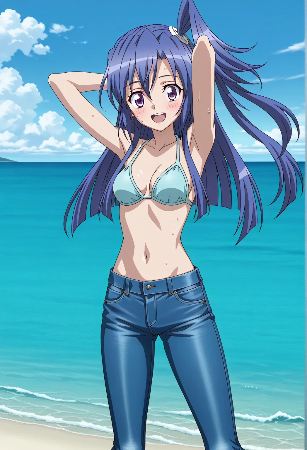 score_9, score_8_up, score_7_up, source_anime, highres, hi res, ((best quality, top quality, perfect quality, Highest Quality, amazing quality)), {{masterpiece}}, {{an extremely delicate and beautiful}}, 2d, intricate details, official style, anime, 8k, anime style, official_anime, official art, digital painting, cell shading, soft shading, high resolution, soothing tones, Subdued Color, Soft cinematic light, adobe lightroom, photolab, HDR, intricately and hyper-detailed, ((high quality animation)), 1 girl, Alone, solo, ((ocean)), tsunami, on the water, day, sunny, outdoors, sky, windy, Tsubasa Kazanari, senkizessho symphogear, Long hair, blue hair, one side up, purple eyes, anime screencap, medium breasts, light blue bikini top, best quality, hyper-detailed jeans, ((blue jeans:1.9)), (dark blue jeans:0.6), full medium body, cowboy shot, Open mouth, smiling, happy face, blush, sweat, standing, ((arms behind head:6.0)), ((perfect arm line:2.5)), bowlegged, jumping pose, action, looking at viewer, spread legs, Bend knees slightly, straight-on front view