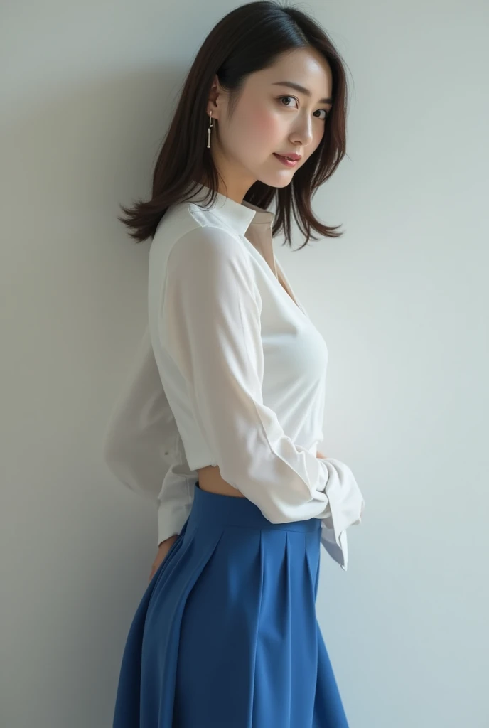 Tied Up Woman、(((Hands behind back with wrists crossed)))、(My wrists are tied with rope)、Beauty、Well-formed face、Shiny long black hair、Make your eyes even、Inside the hotel room、、Show your whole body、White short sleeve shirt、Navy Semi-Long Skirt、 lines、Wearing pumps、Standing in front of the window、Age 25、Medium build、Like a real photo、Highest quality, light brown hair, straight hair, shiny hair, parted lips,  smile, Surrealism, Hyperrealism, Verism, cinematic lighting, tachi-e, first-person view, , Nikon, UHD, anatomically correct, best quality, highres, 8k