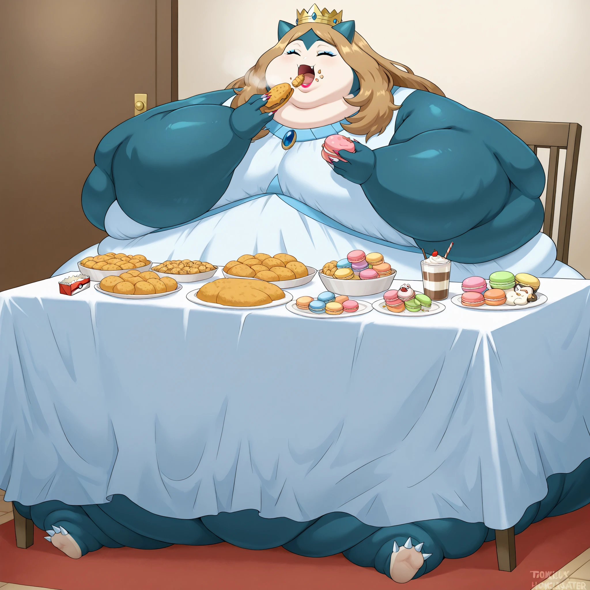 Female snorlax, blue body, eyes closed, claws, Helpful tags are : fat, pokémon (creature), very giant body, thick arms, source_anime, pokemonserena, serena, long hair, blue eyes, brown hair, smile, royalty, dress, crown, makeup, lipstick, painted nails, fat, chubby, obese, fat neck, multiple chins, big breasts open mouth, out of breath, Larger female, full body shot, sitting on chair, sitting down, table, dinning room, in front of tones of food, eating macarons, eating desserts, eating food, food in mouth, force fed, force feeding, (lora:force-feeding-ponyxl-lora-nochekaiser:1>, force-feeding, feeding, forced, full mouth, food, eating), rush of food, reclining back on chair