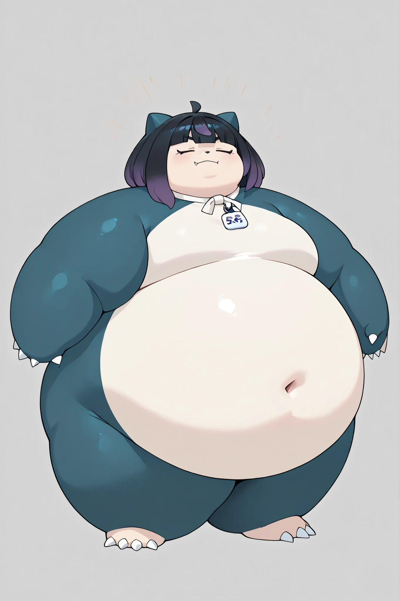 Female snorlax, blue body, eyes closed, claws, Helpful tags are : fat, pokémon (creature), very giant body, thick arms, gwynn, gwynn \(pokemon\), gradient hair, black hair, purple hair, short hair, asymmetrical sidelocks, bob cut, fat chubby girl, strong arms, big belly, horny face, blushed, sexy , snorlax, full body shot