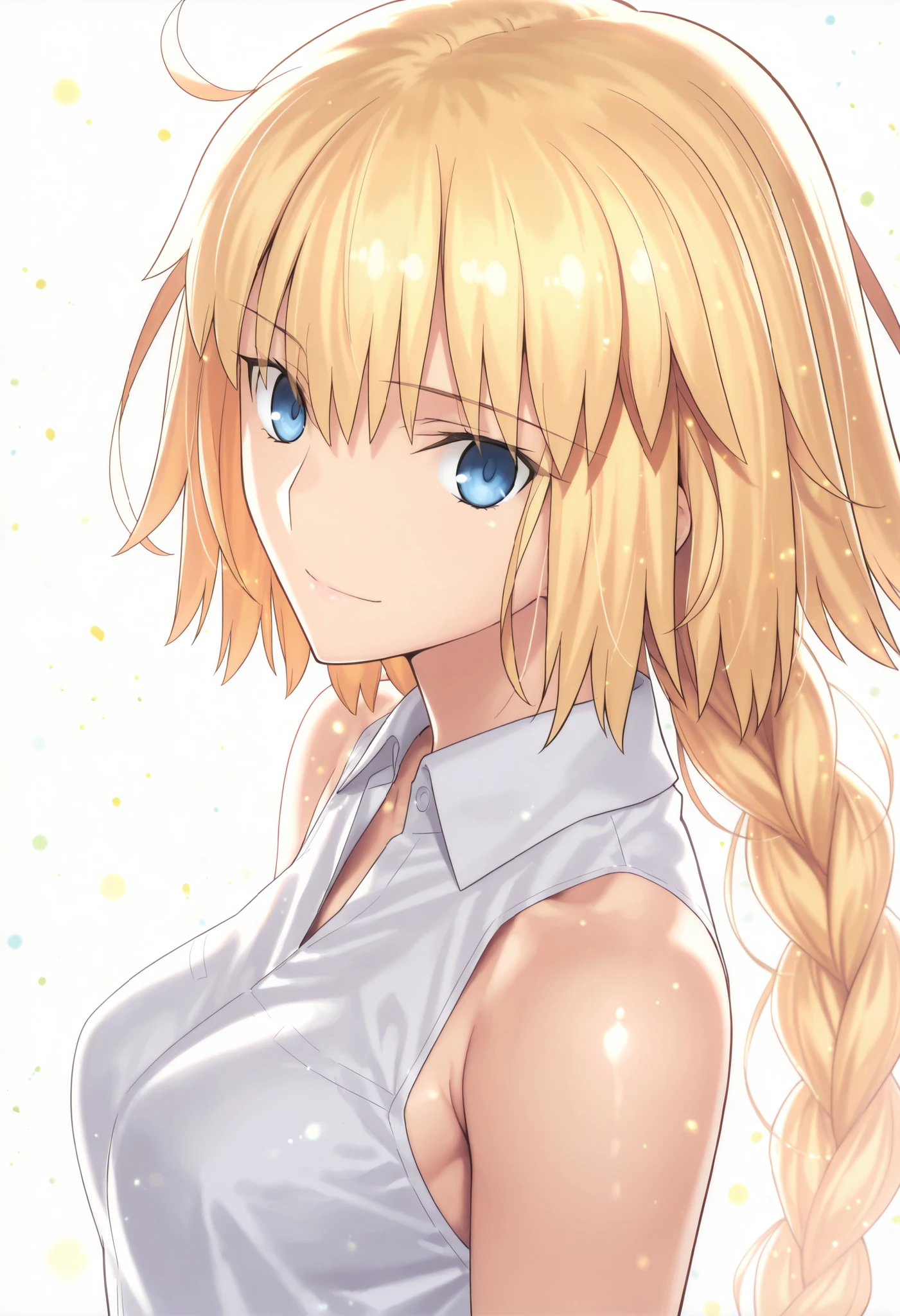 masterpiece, , absurdres, highres, detailed background, high resolution, masterpiece, necessary, , best quality, quality, necessary, details, High details, Precise, 8k ,(white background, simple ground),((colorful light particles, powder light, shiny light, grit)), from side, close up, upper body, ,
1girl, Takeuchi Takashi (type-moon, tsukihime) style, takeuchi takashi style, solo, (aged up:1.2), head tilt, light smile, from above,
1girl, jeanne d arc, \(fgo\), light blue eyes, (tsurime) , jeanne d arc, blonde hair, medium hair, tsurime, single braid, ((very big braid, huge braid)), , , open collared shirt, white shirt, sleeveless , ,small breasts ,(looking at viewer), ,,