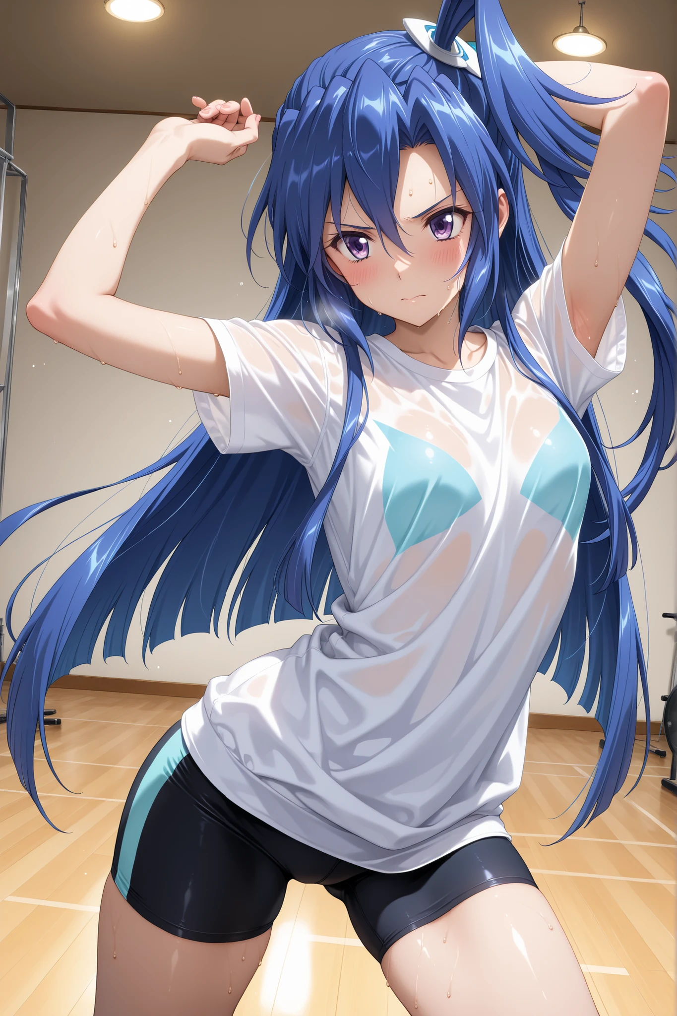 solo,symphogear、kazanari tsubasa,笑顔、Dance studio, plain oversized T-shirt, long spats, dance lesson, sweat, dynamic pose, dynamic angle、輝く輪郭、masterpiece,best quality,amazing quality,