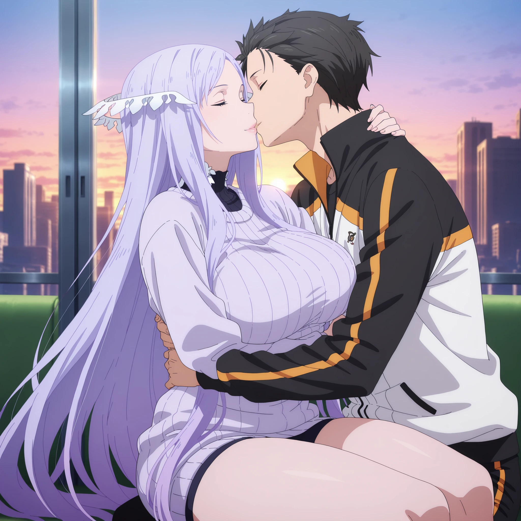 newest , masterpiece , anime screencap , anime coloring , masterpiece, best quality, quinella, 1girl, adult female, long hair, light purple hair, close eyes, glamorous bodies, attractive bodies, huge Curvy, Neat, big breasts, thick thighs, Toned thighs, ((black turtleneck sweater, black pants,)), Lips, Subaru and quinella lovey dovey couple very affective in a city, pullover, love , happy, ,1girl,, ,sitting, standing, kissing, 1boy, couple, husband and wife, happy, romantic kiss, passionated kiss, hug, 1boy, adult male, natsuki_subaru_locon, black hair, close eyes, grey hair, jacket, natsuki subaru, track jacket, realistic, photorealistic, detailed shadows, realistic shadows, Filipino, Sunset,
