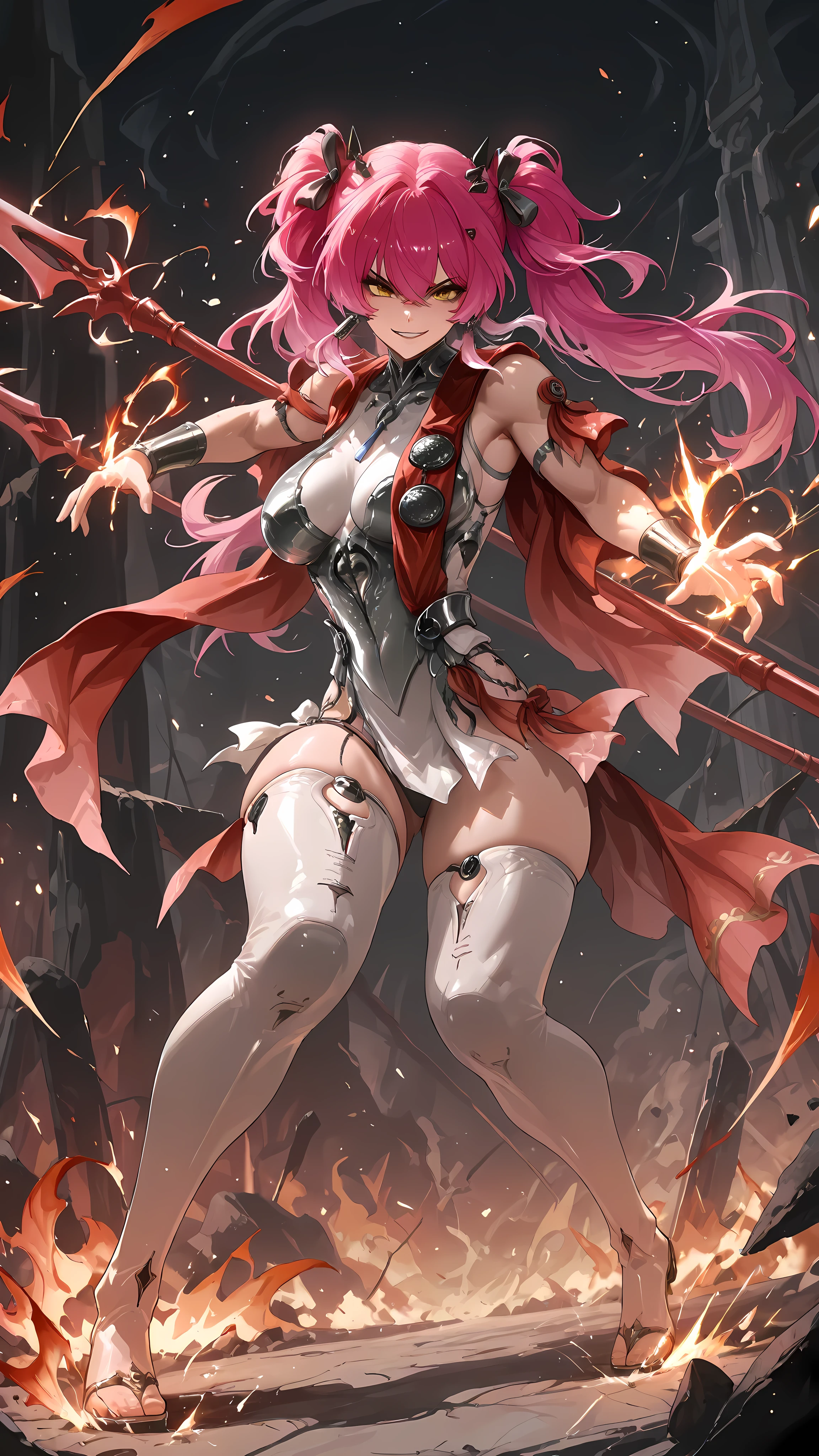 ((SOLO))Lupa \(wuthering waves\) in the arena, fighting pose, full body, a spear , twin tails, detailed hands, medium breast, muscular thighs, thighs focus, fire powers surround her, fierce smile, covered thighs