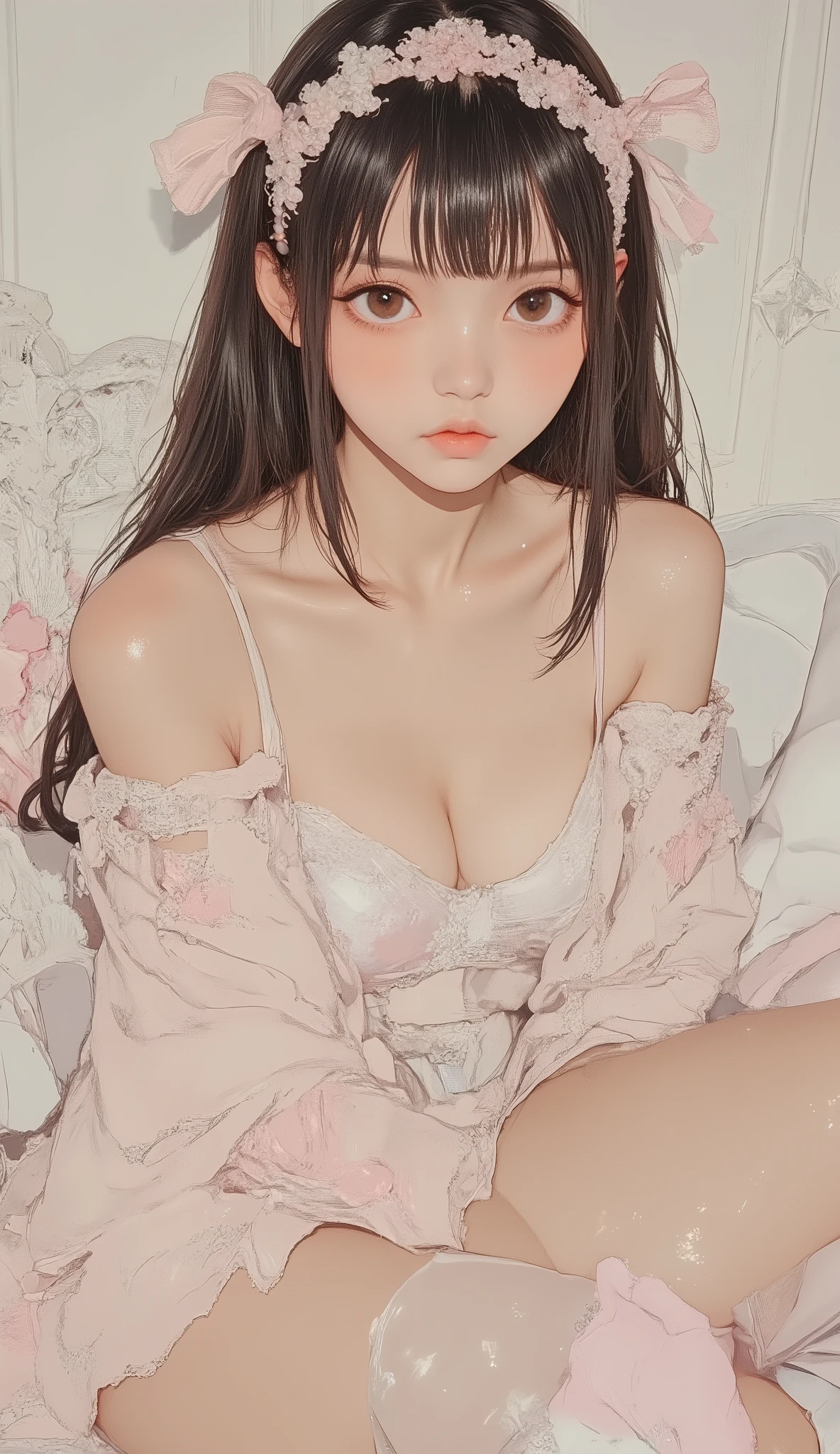 この画像には長い髪のlikeい女性が写っています, Straight style dark hair, Beaded headband. 両手を手首in近づけています, 。彼女の両手は手首inきれいに結ばれています, bows The luster creates a subtle contrast with her pale color skin. She's wearing soft clothes, パステルカラーのドレスが融合しているようinす. This ensemble is harmoniously elegant, in、exudes innocence and elegance. simple background, neutral textured walls, in、The subject and outfit stand out。. has an overall vibe、like々A captivating charm,、ふくらんinいる半袖とパールのようなディテールin装飾されたレースの襟が優しい, Delicate Aesthetics.