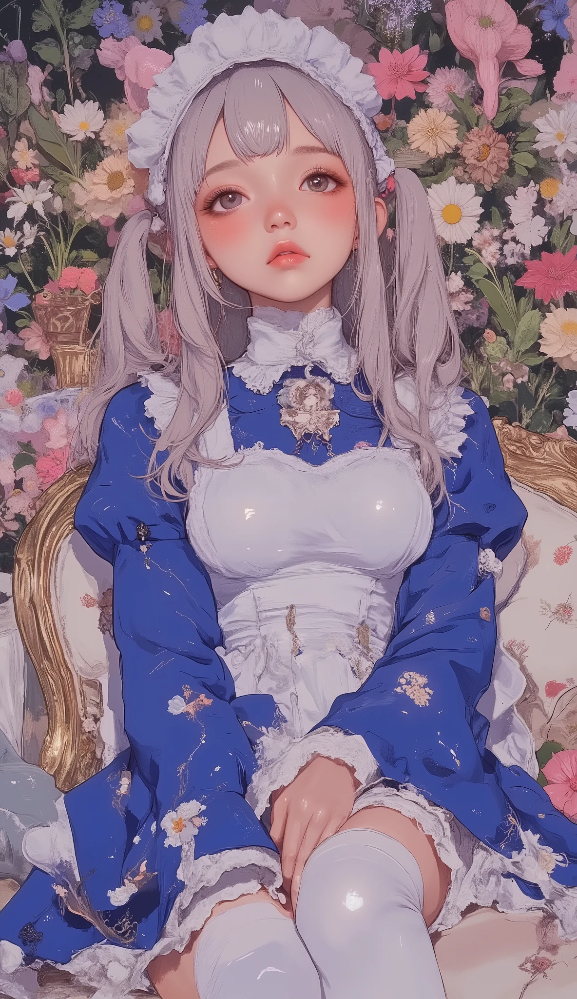 arafed woman in a blue dress sitting on a couch, catboy cosplay! maids! dress, gorgeous maids, anime girl in a maids costume, anime cat girl in a maids costume, a sexy maids in a magical forest, lori, Sakimi-chan HDRI, wearing maids uniform, maids outfit, Twin tails white_buttocks under pants