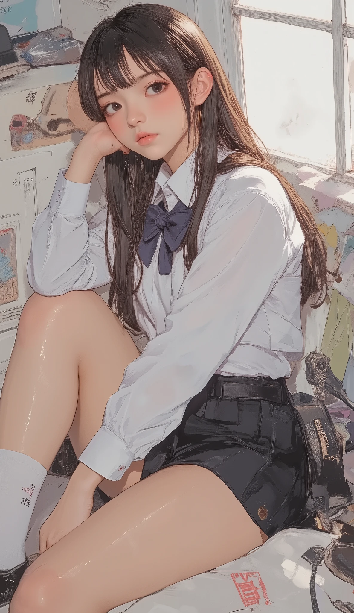 A woman in a school uniform is sitting on the floor, High School Girl posing, cute high school girl, a hyperREAL HIGH SCHOOL GIRL, wearing Japanese school uniform, hyperREAL HIGH SCHOOL GIRL, Japanese High School Girl Uniform, Japanese school uniform, fully capture the subject, side in the double, REAL HIGH SCHOOL GIRL, Takemura Kimi, Ayami Koji ima