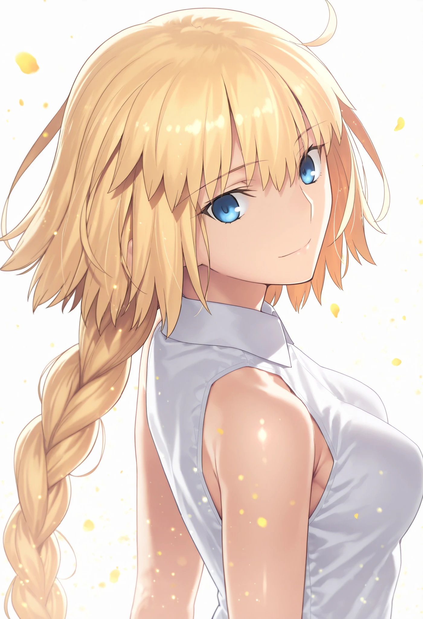 masterpiece, , absurdres, highres, detailed background, high resolution, masterpiece, necessary, , best quality, quality, necessary, details, High details, Precise, 8k ,(white background, simple ground),((colorful light particles, powder light, shiny light, grit)), from side, close up, upper body, ((dynamic angle)), 
                                                                                                                                                                                                                         1girl, Takeuchi Takashi (type-moon, tsukihime) style, takeuchi takashi style, solo, (aged up:1.2), head tilt, light smile, from above,
   
1girl, jeanne d arc, slim body,  \(fgo\), light blue eyes, (tsurime) , jeanne d arc, blonde hair, medium hair, tsurime, single braid, ((very big braid, huge braid)), , , open collared shirt, white shirt, sleeveless , ,small breasts ,(looking back), hands up,,,