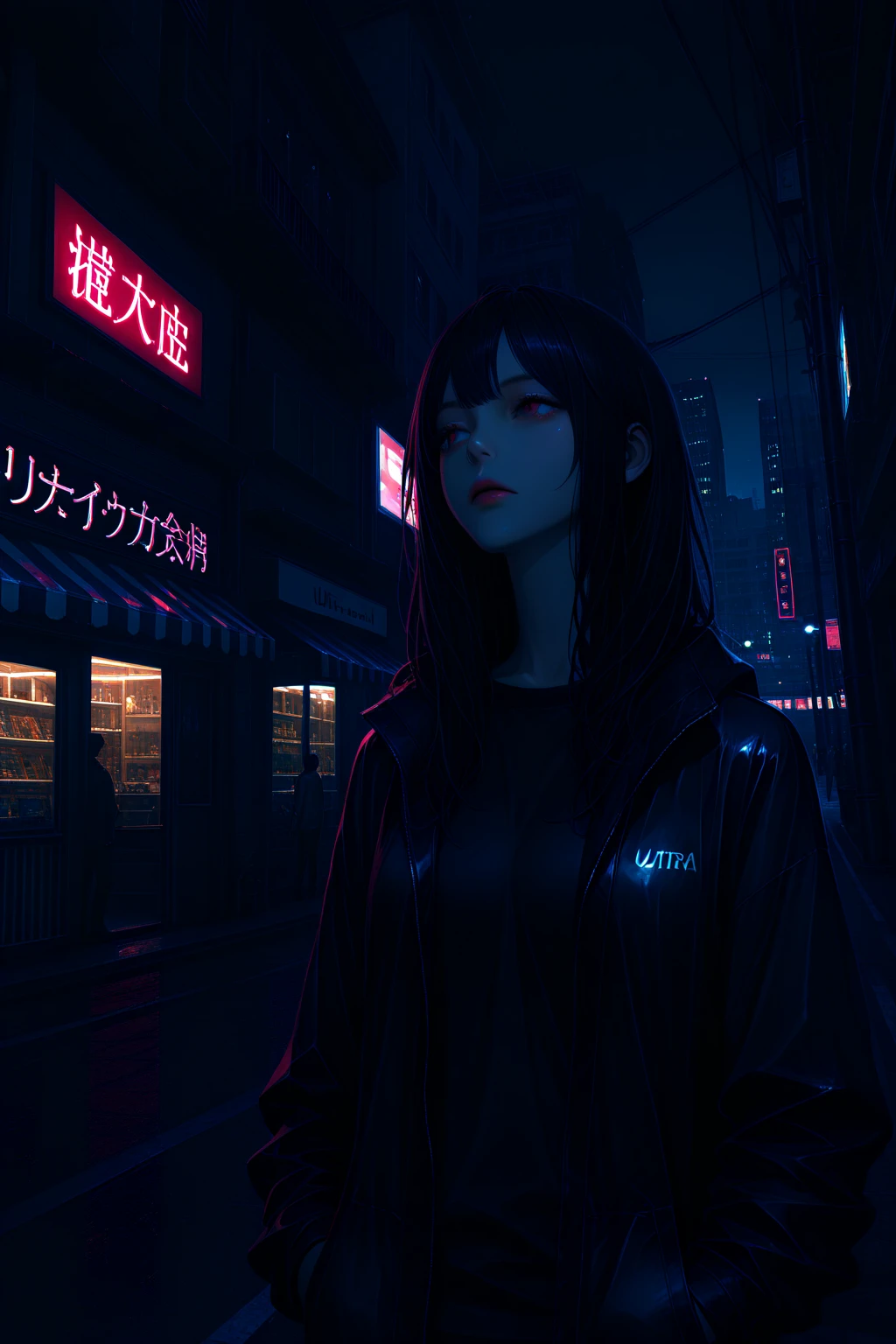 A young girl with two long purple ponytails，Has purple eyes，She was wearing a bartender's uniform，With a freshly lit cigarette in his mouth，Leaning against the balustrade of the balcony, Face me head-on，he looked down and thought，Behind it is a cyberpunk-inspired city in the night，A tower soars into the sky。The style of modern anime，Face facing me，Cute Anime Girls