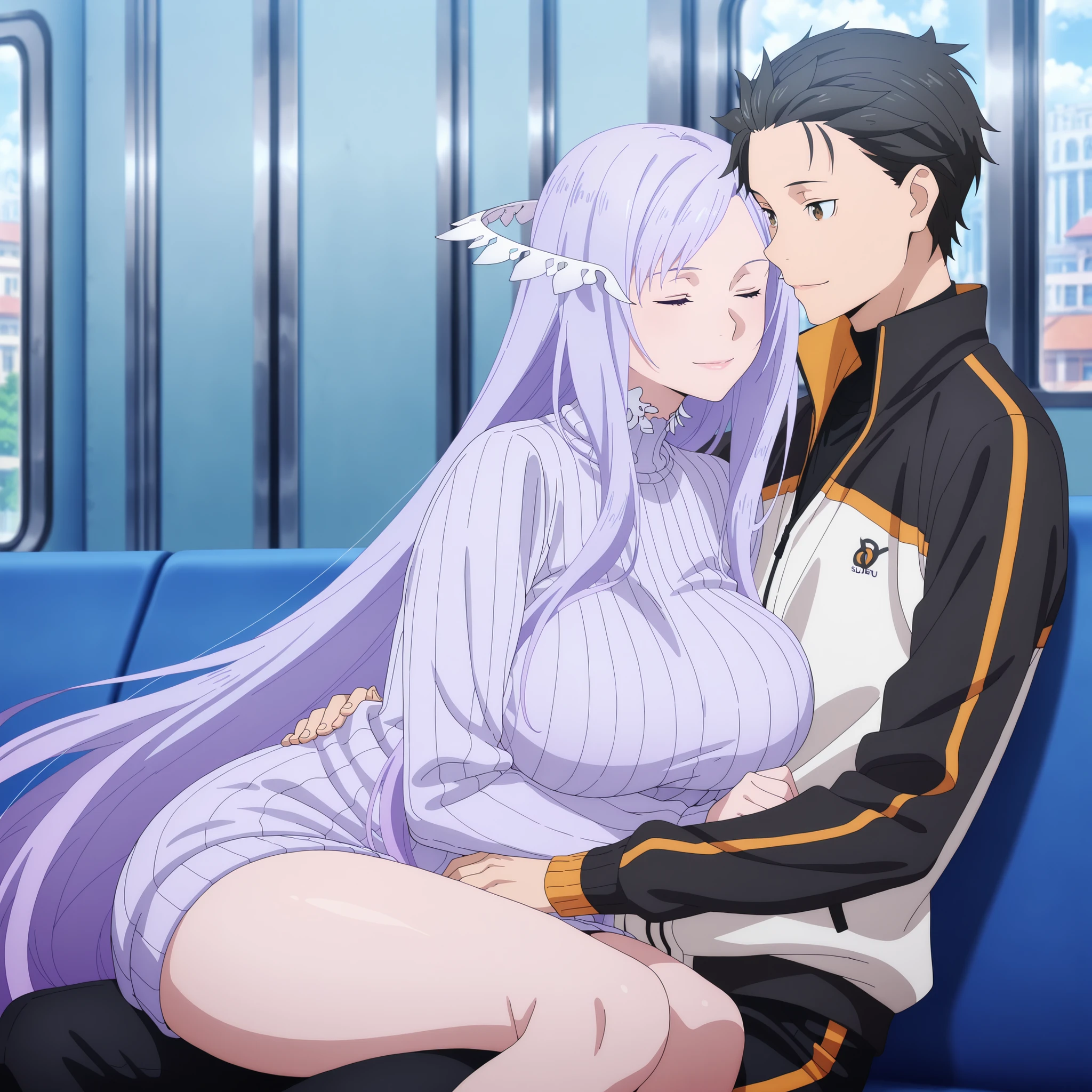 newest , masterpiece , anime screencap , anime coloring , masterpiece, best quality, quinella, 1girl, adult female, long hair, light purple hair, close eyes, glamorous bodies, attractive bodies, huge Curvy, Neat, big breasts, thick thighs, Toned thighs, ((black turtleneck sweater, black pants,)), smile, Lips, Subaru and quinella lovey dovey couple very affective in a city, couple, Boy and Girl, couple looking at each other, hugging, love, girl sitting on boy's lap, adult male, natsuki_subaru_locon, black hair, close eyes, grey hair, jacket, natsuki subaru, track jacket, realistic, photorealistic, detailed shadows, realistic shadows, Filipino, Sunset,