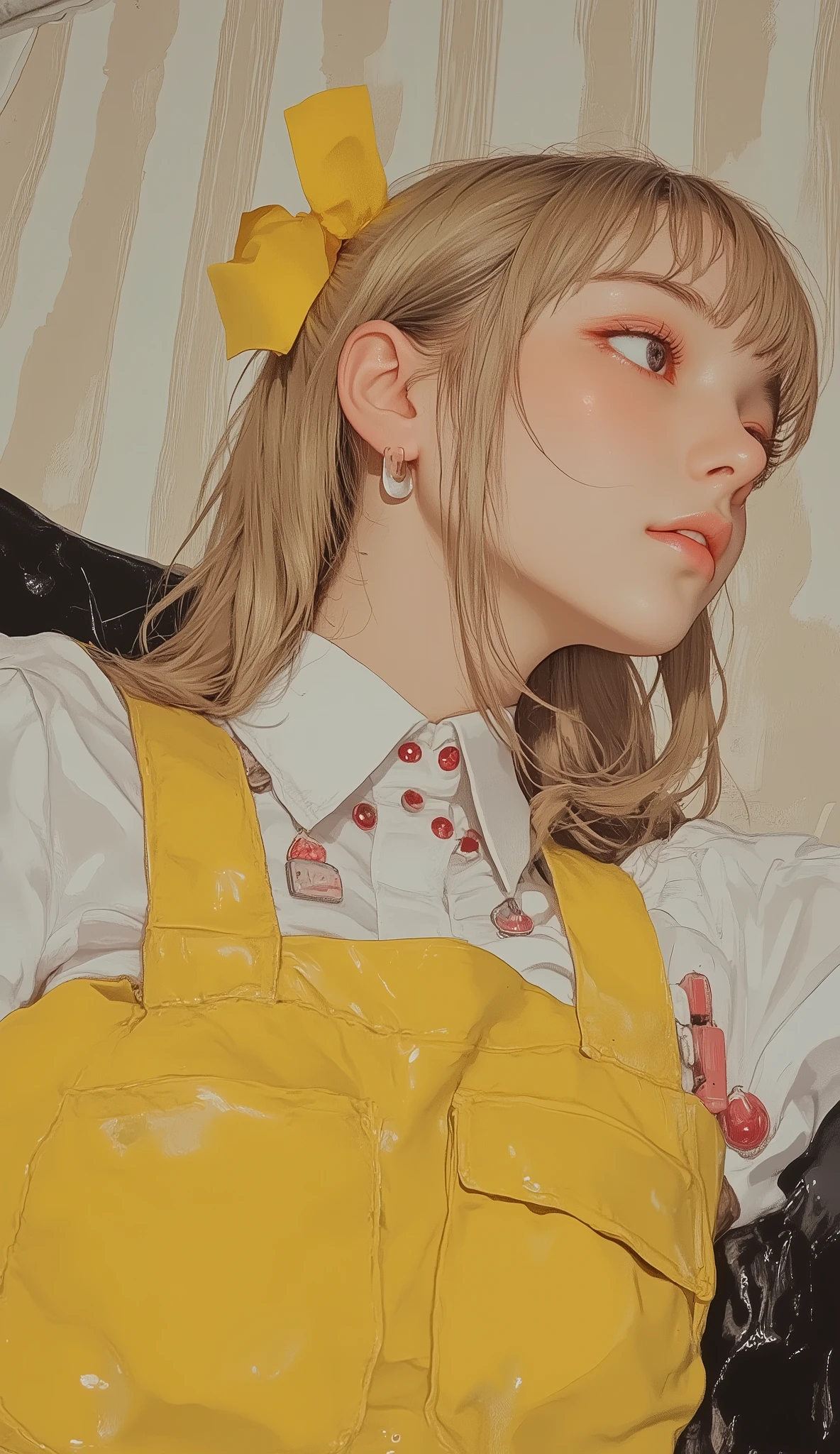 A woman sitting in a modern black chair with a prominent backrest, and is styled with a yellow ribbon with soft lighting. 彼女teeth半袖の白いブラウスに青と白のストライプのピナフォーレスタイルのドレスを重ねたコスチュームを着ています, accented with yellow pockets and prominent red gemstones on the neckline. 彼女の衣装teeth白いオーバーニーストッキングとストラップ付きの黒いハイヒールの靴. 彼女の黒い髪teeth、pop colors on a neutral vertical striped wallpaper background. 床teeth濃い赤のカーペットで覆われています, teeth、creates a contrast with her outfit and background. 女性の姿勢teeth、suggests a playful attitude or casual attitude, x} この写真teeth、This is a profile picture in an indoor setting with soft lighting。.