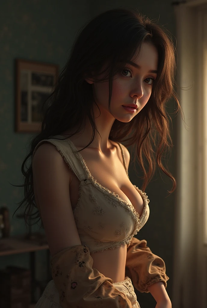  off shoulder rags, from below, on fours, cleavage, long wild hair, old womans, looks at the camera, kiss