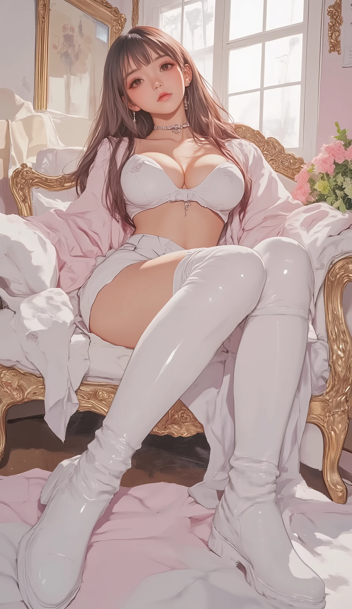 There is a woman sitting on a sofa wearing white boots, Twin tails white_buttocks under pants, Sakimi-chan hdri, young beautiful gravure idol, [32k High Quality]^10, young gravure idol, Sakimi-chan, Ayaka Cosplay, realistic young gravure idol, Kinomoto Sakura, young sexy gravure idol whose woman has very big breasts