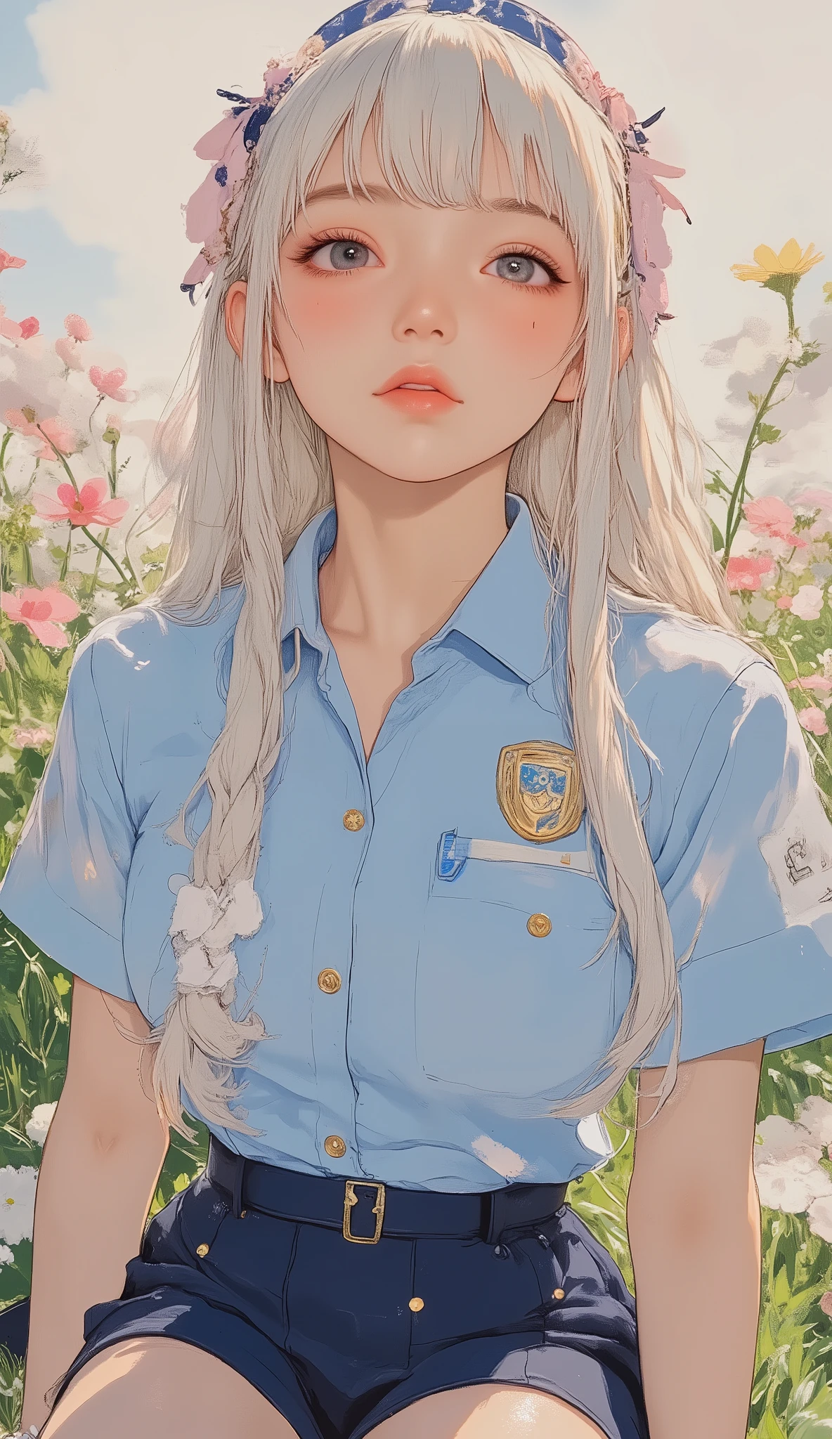 young woman under bright sunlight, bright It creates an outdoor setting. She wears light blue, short sleeve shirt in front of a flower bed。badge on the left side of the chest. The badge has 3 stars, shows the theme of the uniform and costume. her skirt is dark blue, Is a neutral. white braid visible, probably part of the uniform accessory, adds a sense of detail to the outfit. The overall atmosphere of the image exudes warmth and clarity, lawn adorned with gold buttons and decorations。with green grass and clear skies in the background、kneeling on a cheerful, sunny atmosphere. The elements of the uniform suggest a role-play or cosplay theme, painted in peace, natural outdoor background.