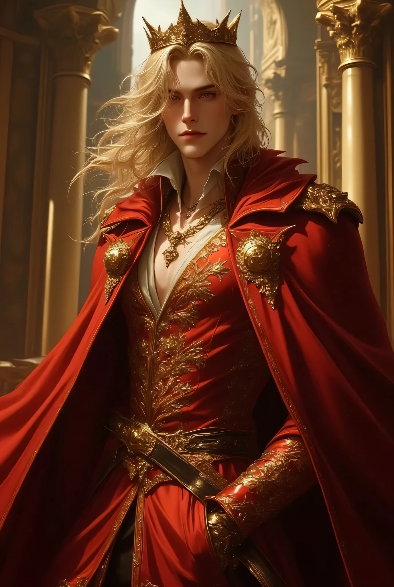 25-year-old German half-man, with graceful golden hair, ruby red eyes, a handsome, sharp face, lurking in power, fearsome, wearing a scarlet, gold-patterned dress of the emperor of the kingdom, with a crown, stands in the middle of the royal palace, inside the palace. Wide Angle Detailed Image