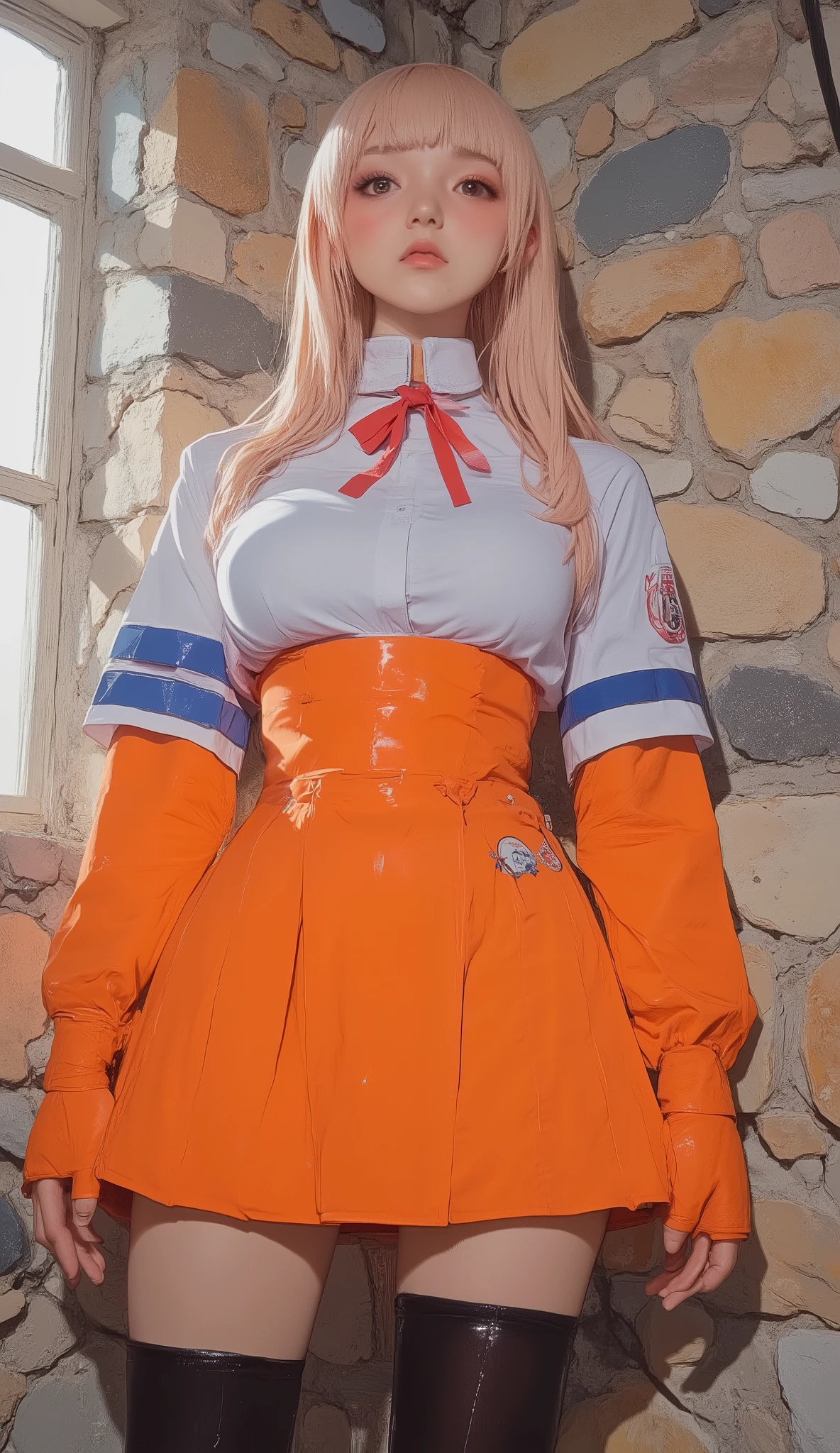 A figure is standing against a stone-textured wall, The figure wears a vibrant orange uniform with prominent blue and white detailing. This costume has、Includes a white high-collar top accented with a bold red ribbon below the collar, This adds to the vividness of the look. Blue stripes line the sleeves and front of the ensemble, Adding an element of contrast to the vibrant orange. A badge or patch is visible on the upper arm, Suggesting an association with an organization or theme. The figure is gently holding the skirt of the outfit, There is a thin white stripe near the hem. they are photographed indoors, With gently diffused light from a window frame in the background、A softly lit environment is shown. Black thigh-high socks are visible, This completes the outfit、and contributes to its stylization, possibly giving it a cosplay-like feel. This image、Dynamic use of color and costume design、Vibrant、Contributes to a somewhat playful atmosphere.
