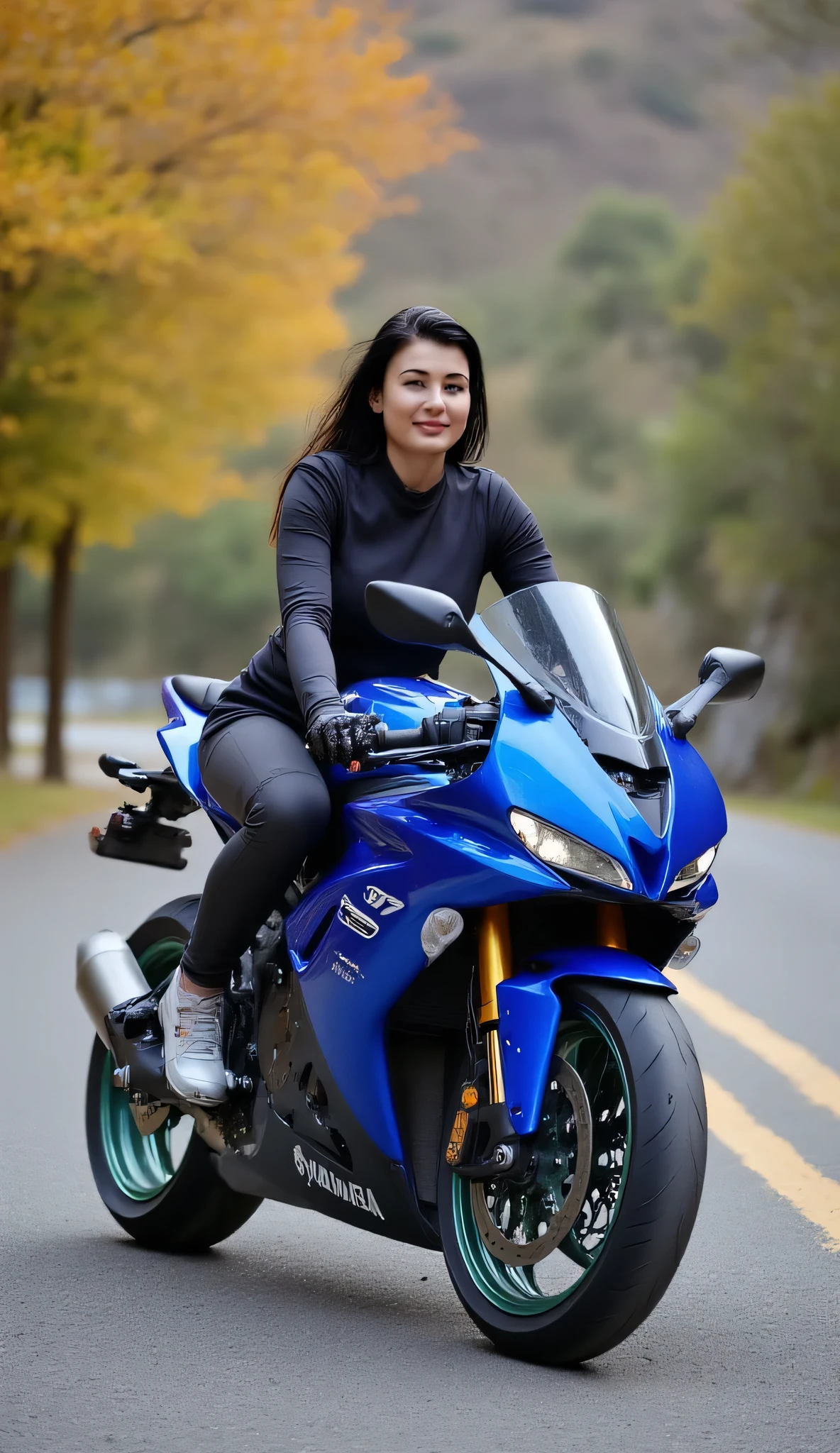 Young woman with blue sports motorcycle Yamaha R7 2025 running on mountain passes, Background tree々changes to a row of cherry blossom trees, circling to the rear of the motorcycle in rotation, Along with the tracking photo, the background of the tree々Changes to a bamboo grove, turns to the front again in a swirling shot, changes to a row of fall foliage