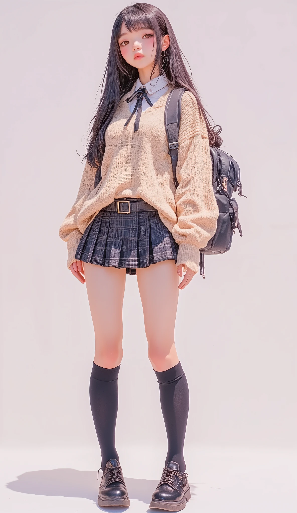 There is a woman wearing a skirt and sweater with a backpack, knee-high socks and skirts, Japanese High School Girl Uniform, Japanese school uniform, a hyperREAL HIGH SCHOOL GIRL, hyperREAL HIGH SCHOOL GIRL, REAL HIGH SCHOOL GIRL, cute high school girl, wearing skirts and high socks, wearing Japanese school uniform, Full body photo, High School Girl posing, Full body photo、detailed hands