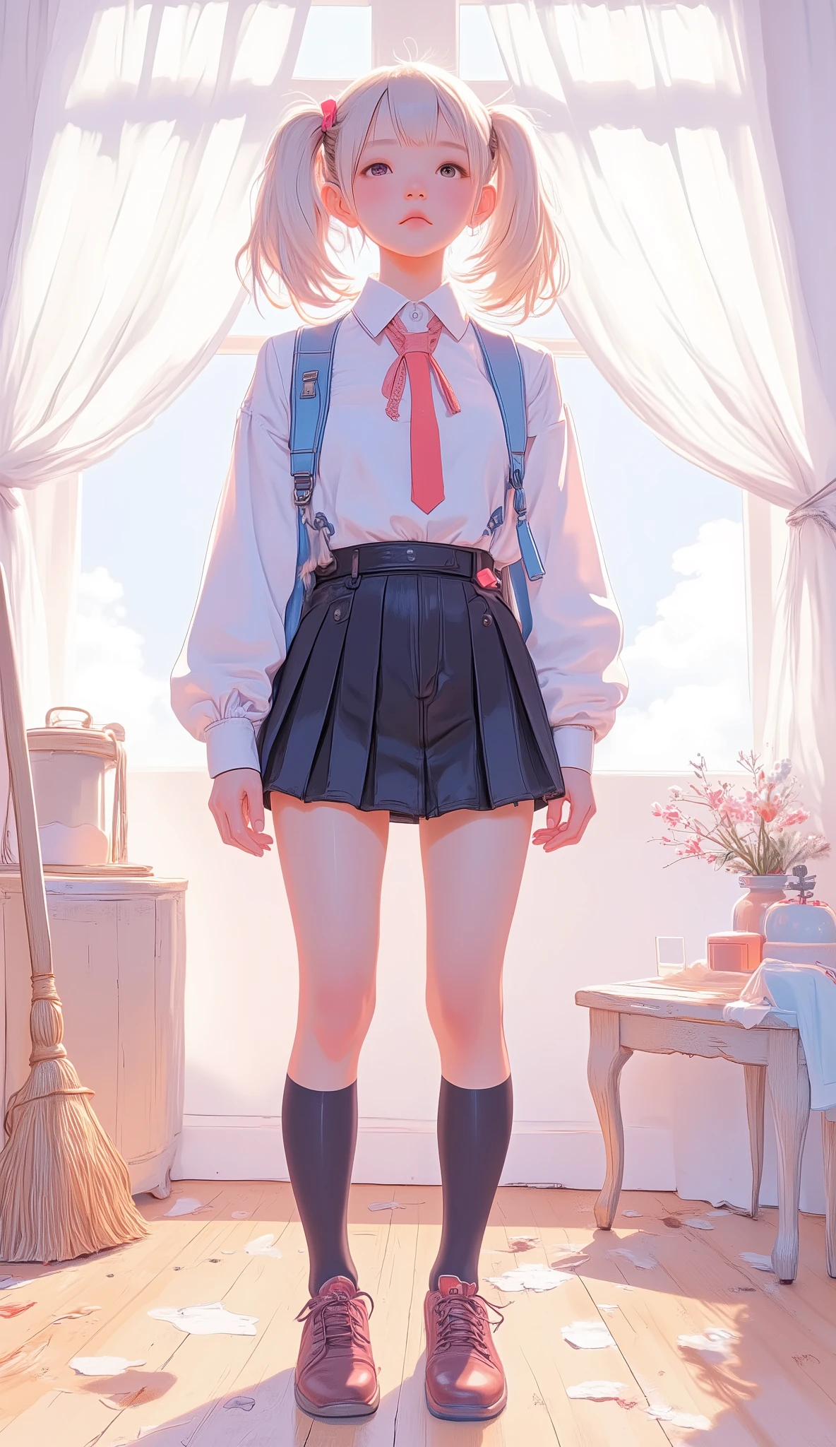 A young woman is standing with her back to the camera in a bright room. Her hair is styled platinum blonde, Voluminous Twin Tails, red and white ribbons. long sleeve blouse , I'm wearing a long-sleeved sweater over a red tie and white collared shirt, partially visible from her neckline. Her outfit is adorned with shorts, pleated black skirt, knee-length black stockings I'm wearing a long-sleeved sweater over a red tie and a white collared shirt with burgundy shoes. A blue backpack hangs over her right shoulder, Adds a casual vibe. The background is soft , white curtain with broom, The、creating an atmosphere of tranquility, minimalistic vibe contributing to peace. The wooden floor underfoot、contributing to the clean and simple beauty of this setting. features pink and blue hues々It's great , accentuate the texture of the fabric.detailed hands