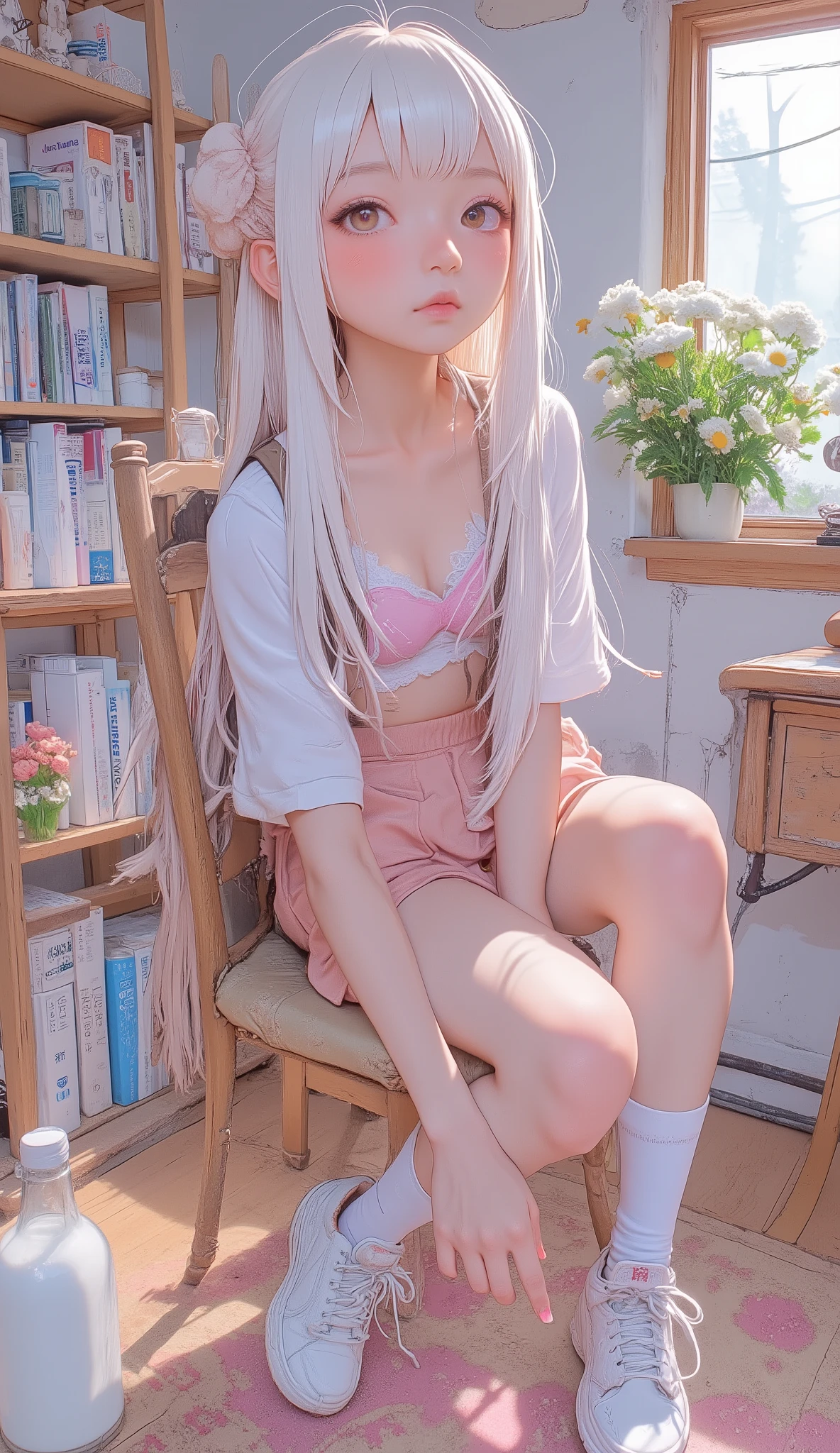 There is a woman sitting on a chair with a backpack, anime girl cosplay, anime girl crouching, Visible Pink Bra, anime girl in real life, ayaka cosplay, cute high school girl, anime cosplay, cosplay, cosplay photo, Japanese school uniform, full-cosplay, perfect white haired girl, Japanese High School Girl Uniform, fleet collection style、detailed hands