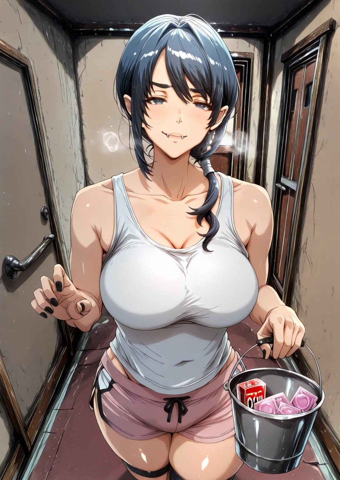 L_Cation2, Babu-style, Hgk, (anegawa_eiji-style:1.4), (boingoo-style:1.3), (gin_moku-style:1.2), (imizu_(nitro_unknown)-style:1.3), (haikawa_hemlen-style:1.3), (anime coloring, anime screencap), shiny skin, (voluptuous body:1.4), (mature female:1.4), (cellulite:1.3), ((anatomical correct)), ((Cinematic, high quality, perfect composition, eye-catching, ambient occlusion, UHD, masterpiece)), perfect body, perfect eyes, perfect fingers, gasping, heavy breathing, gasping profusely, ((skindentation)), ((curvy)), hair over shoulder, low ponytail, blue hair, blue eyes, bright pupils, plump, hearts, pleasured, 1girl, breasts, mature female, solo, White shirt, sleeveless, standing, claw pose, holding bucket, looking at viewer, fangs, smug, collarbone, condom, condom box, thighs, curvy, hallway, dim light, black nails, dolphin shorts, short shorts,pink shorts,