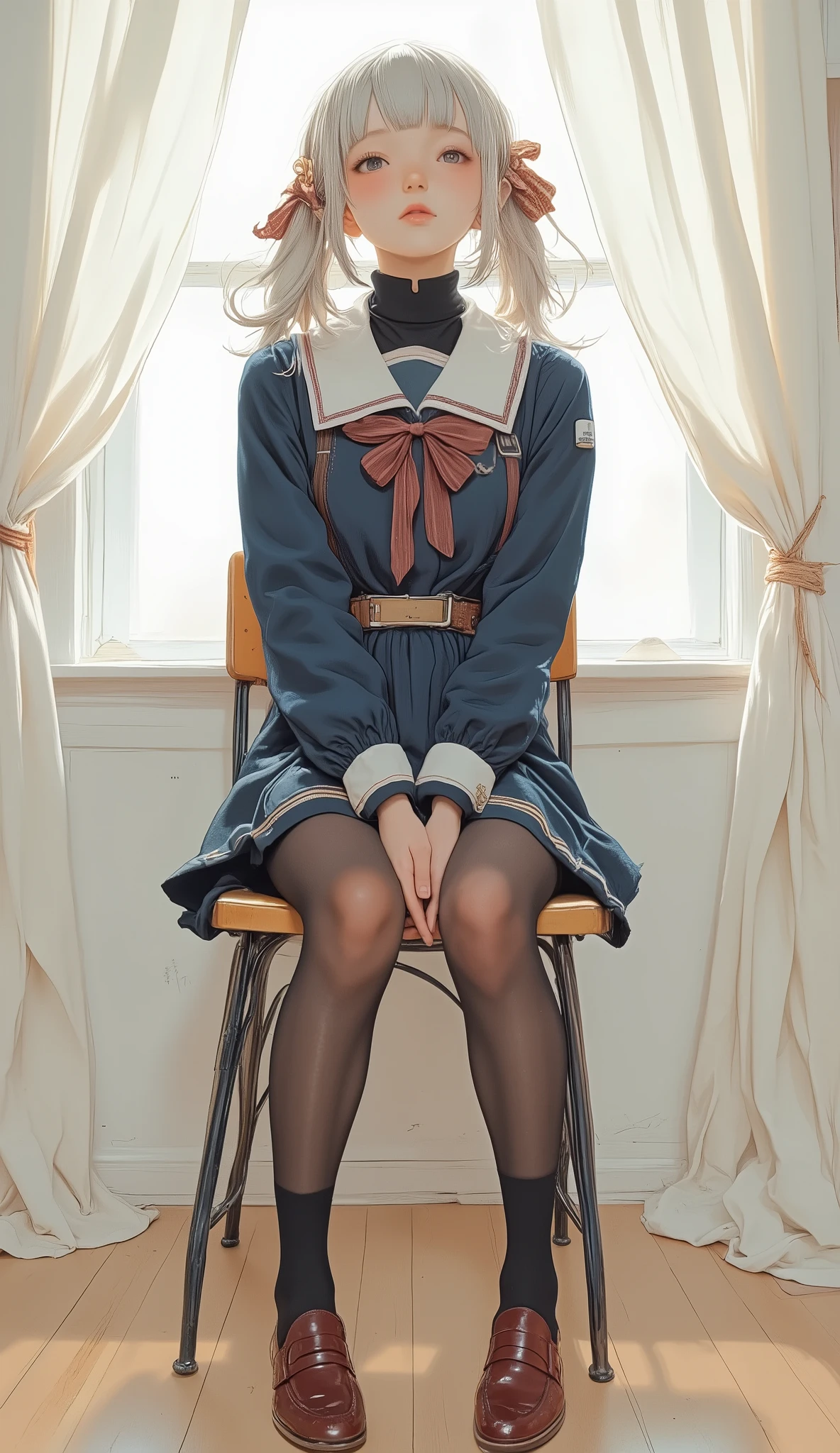 Young Woman 、that have soft white curtains, With burgundy loafers on her feet. She is wearing a navy blue sailor-style school uniform with a white striped collar and cuffs, She is accented with dark red ribbons on her chest. Her light gray hair is styled in a voluminous style, Loose curls, 、Her pigtails are held in place with red and yellow striped ribbons. Her uniform skirt reaches mid-thigh, that reveal black tights that completely cover her legs. She is sitting on a simple wooden chair with metal legs、She is sitting on a light wooden floor, One of them playfully slips down her leg. suggests an indoor environment。, I'm sitting on a simple wooden chair with。and a diffuse background, Adding a serene, minimalist vibe to the scene.detailed hands