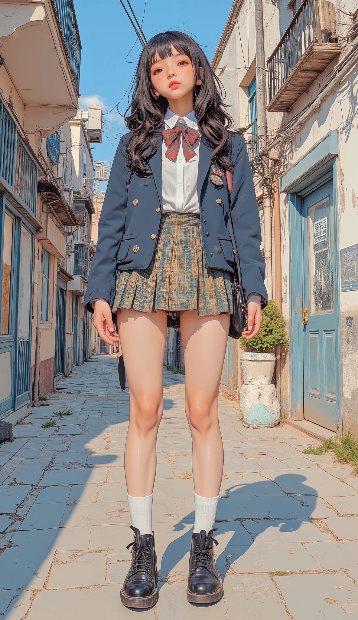 自信に満ちたlikeい女性, I am wearing. 彼女のアンサンブルにteeth、Gold buttons that add both texture and touch, teeth、and include a navy blue blazer with, green, Blue and. スカートteeth短めです, features prominent accessories. under your skirt, 彼女teethクラシックな女子高生の衣装を披露するニーハイの白いレッグウォーマー, are glossy shoes that support the lower half of her look. 彼女の靴teethダーク, styled with voluminous curls. Her Hair, also enhances traditional high school girl aesthetics, で出来ているのteeth目立つアクセサリーが特徴, red and yellow striped ribbons, add a playful element. セッティングの照明teeth明るく、, このスカートteeth短いのが特徴, teeth、complements the color of her outfit、scenes, Pretty Atmosphere. 全体的なムードteeth、like々gold that adds both texture and touch The buttons。detailed hands