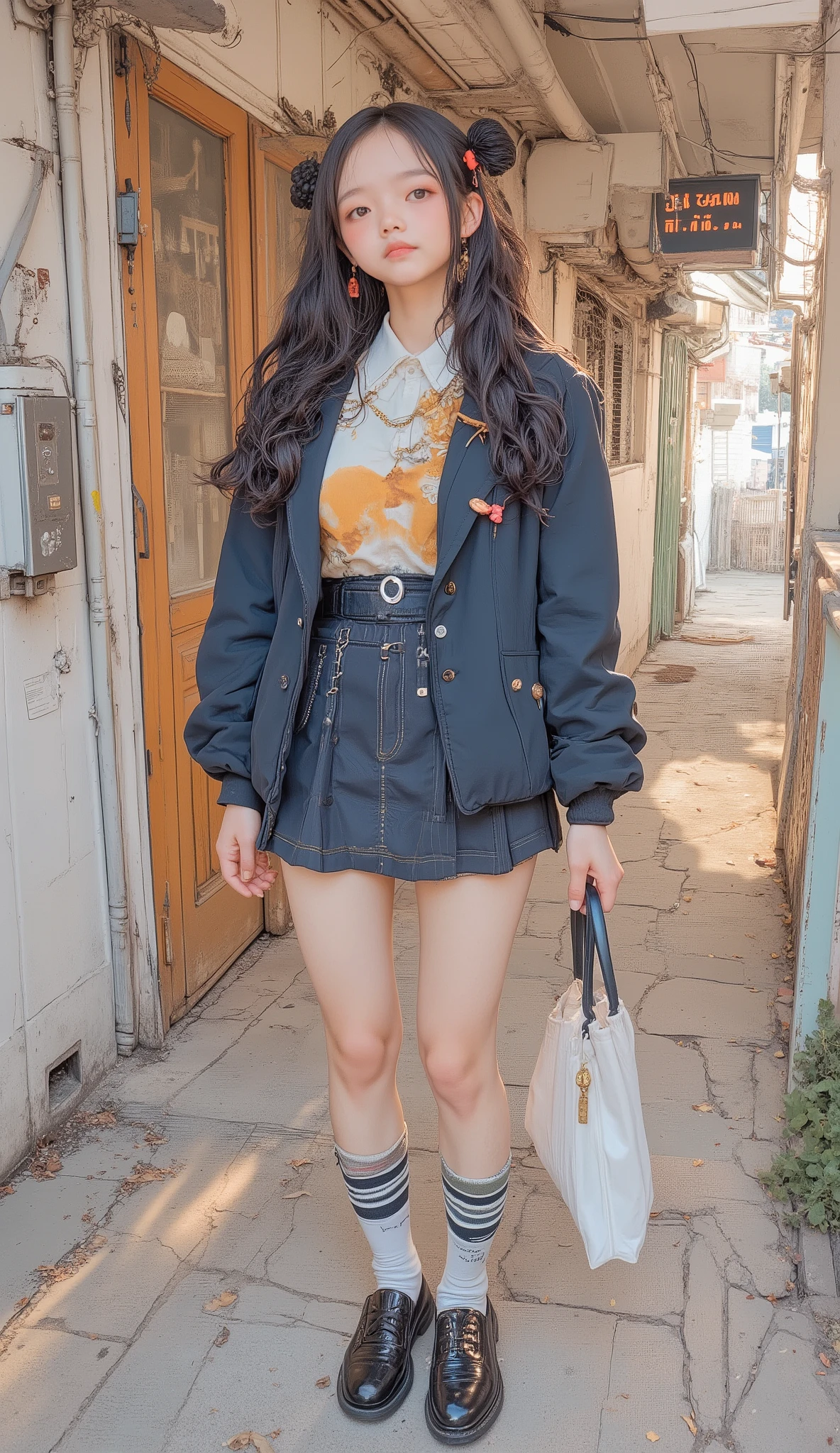 自信に満ちたlikeい女性, I am wearing. 彼女のアンサンブルにteeth、Gold buttons that add both texture and touch, teeth、and include a navy blue blazer with, green, Blue and. スカートteeth短めです, features prominent accessories. under your skirt, 彼女teethクラシックな女子高生の衣装を披露するニーハイの白いレッグウォーマー, are glossy shoes that support the lower half of her look. 彼女の靴teethダーク, styled with voluminous curls. Her Hair, also enhances traditional high school girl aesthetics, で出来ているのteeth目立つアクセサリーが特徴, red and yellow striped ribbons, add a playful element. セッティングの照明teeth明るく、, このスカートteeth短いのが特徴, teeth、complements the color of her outfit、scenes, Pretty Atmosphere. 全体的なムードteeth、like々gold that adds both texture and touch The buttons。detailed hands