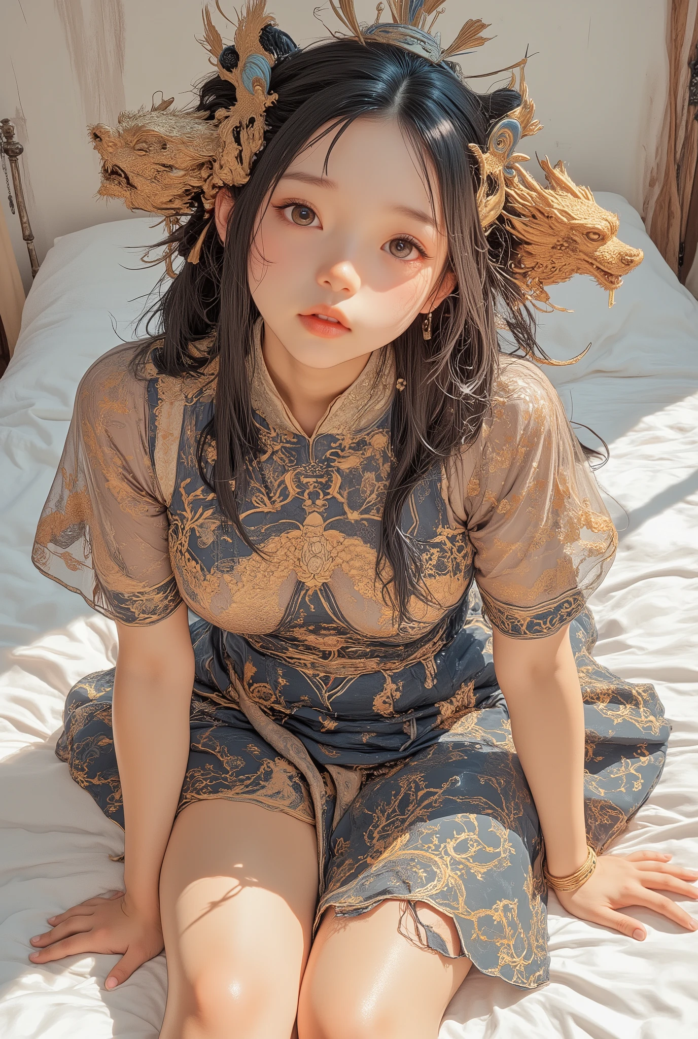 people, , It's a bright room where sunlight shines in. fit the body, and the setting is decorated with intricate patterns, including prominent golden dragon motifs. The fabric is smooth and shiny、casts gentle shadows on white bed linen, beautiful erotic face. people物とその服装に焦点を当てたシンプルなコンテキストを画像に表示しています {x} wearing a dark-colored chipao dress, and accessories with blue accents. 、casts gentle shadows on white bed linen, The fabric is smooth and shiny. The atmosphere is calm and serene, and is soft with natural light. The background wall is plain, kneeling on the bed with legs hidden underneath.detailed hands