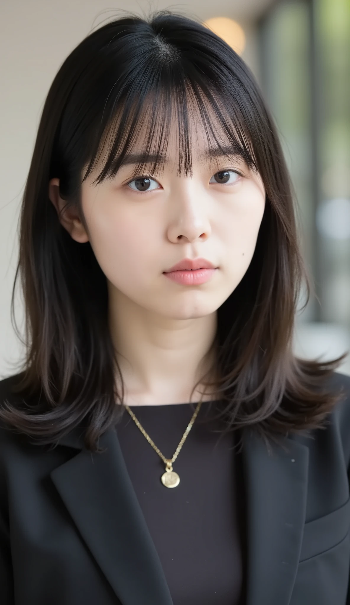 Neat Young Woman、and look at the camera、office lady suit、jacket、shirt、necklace、、ear piercing、前髪あり、No expression、has closed its mouth、顔のクローズアップ、The background is office