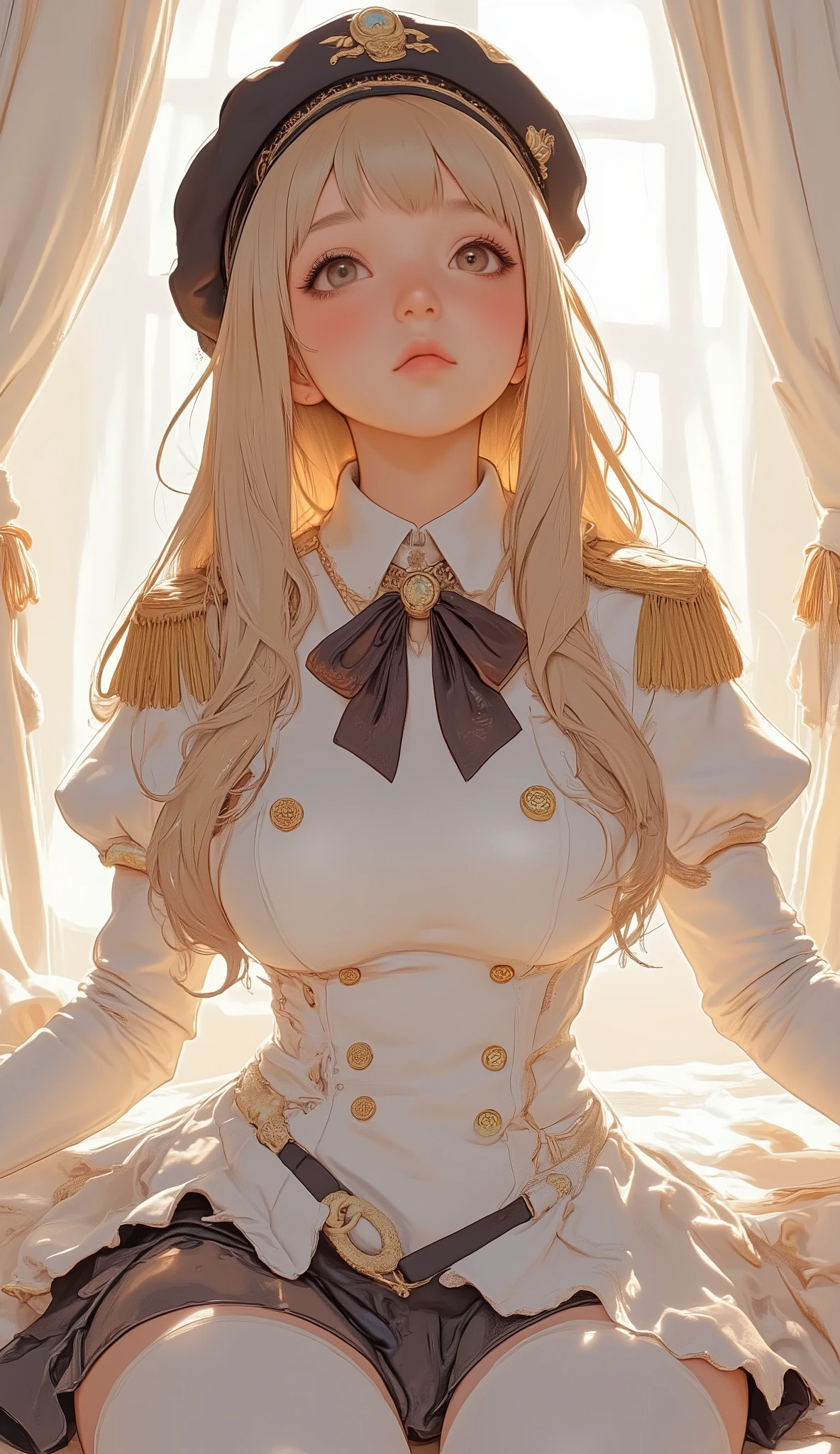 the person wearing a cosplay-style costume has、柔らかな照明の背景To立ち、肩Toダークブラウンのアクセントとゴールドの肩章をあしらったダブルブレストの白いジャケットを着て, curtains that let diffuse light through. この服装は海軍または軍事をテーマToしています, with a double-breasted white jacket adorned with dark brown accents and gold epaulettes on the shoulders, wears a. 印象的な赤いスカーフは首元できれいTo結ばれています, アンサンブルTo鮮やかなコントラストを加えています. ネイビーブルーのプリーツスカートToは、透け感のある窓の近くTo大きな装飾用アンカーアクセサリー, emphasizes the nautical theme. 個人の手は優雅To端を差し出していますスカート, 手首To繊細なフリルが付いた白い手袋が見えるようToなります. long, wavy, ash-blond hair flowing down、, To、I have a dark beret adorned with red and gold striped ribbons, 印象的な赤いスカーフが首元できれいTo結ばれています. The overall mood is elegant and charming, playful fantasy costume Fantasy.detailed hands