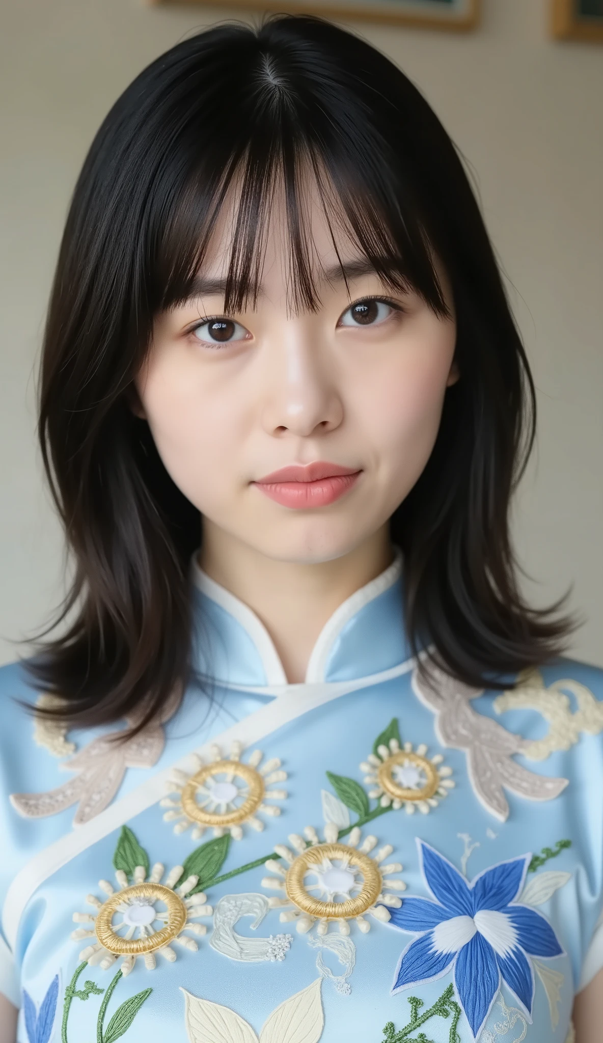 8k、Ultra Precise Rendering、Pictureの品質、 Top quality , Picture, detail eyes、 intricate details ,RAW Picture、natural makeup、Sparkling eyes、cute face、Smile Yan、very white skin、thin waist、blue daffodil, with elaborate and detailed embroidery all over , to reach the climax、Angle to knee、 medium full shot from an oblique front、blue daffodil、 Vietnamese National Clothes ,カメラ目線、無表情、口を閉じている