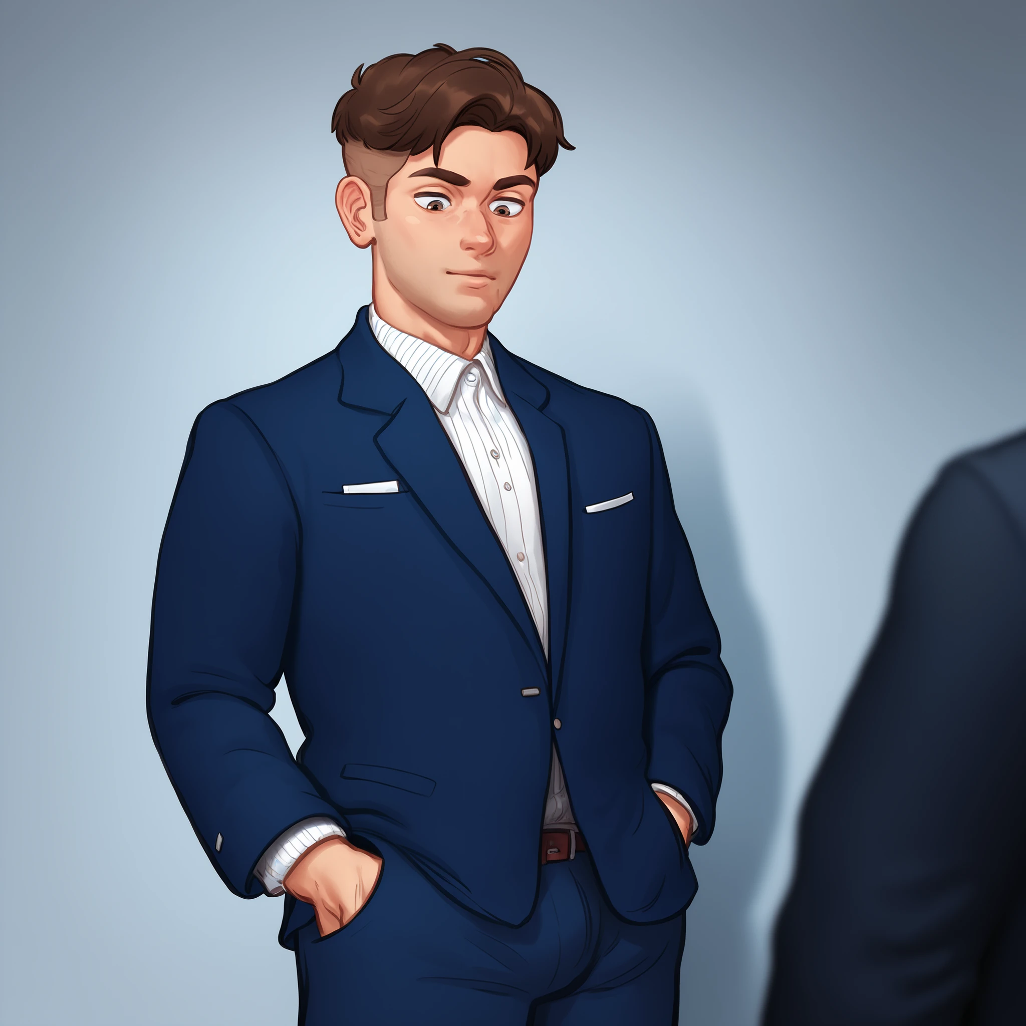 Boy, teenager, brown hair, expression of tiredness, hands in pockets, looking down. Wearing a suit