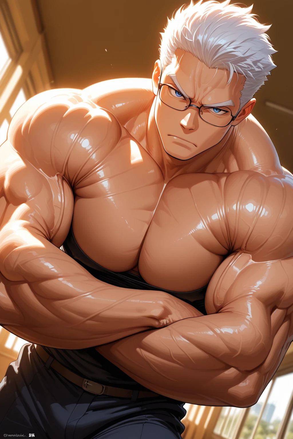 old Joseph Joestar from jojo bizzarre adventure with beard and white hair, wearing , body skinny, ele está wearing  e com calção de banho e óculos escuros em uma piscina em meio a um deserto
