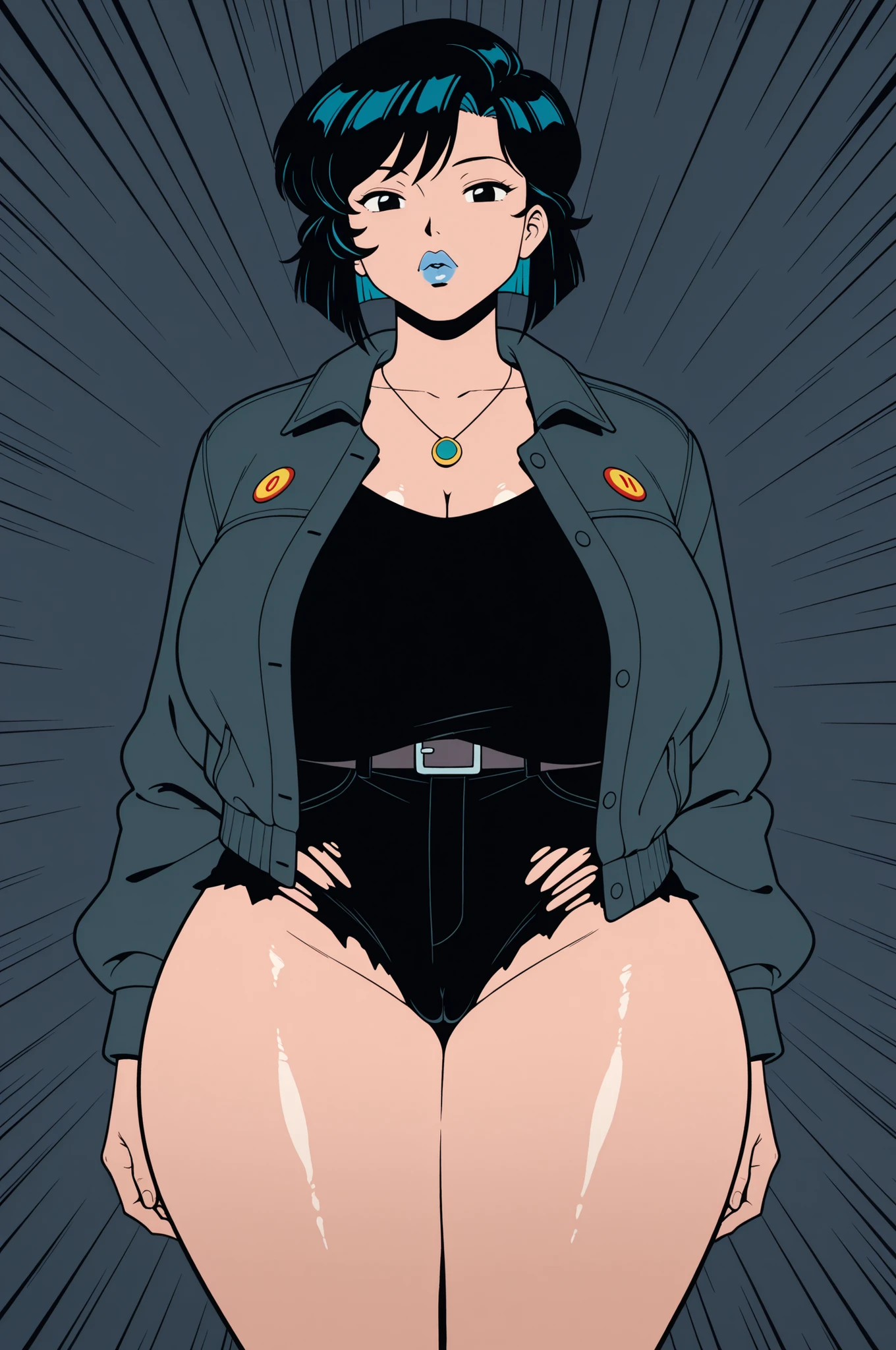 ,retro anime, classic anime, manga, vintage, flat colors, bold lines, matte, faded colors, retro. (artistic, evocative, sexy, dramatic). Very close view, gigantic ass,masterpiece,best quality,highres,beautiful girl,blue short hair, Score_9, score_8_up, Nico Minoru, black hair, multicolored hair, jacket, black top, black shorts, belt, ripped shorts, big lips, black eyes, chocker, necklace, pale, curvy, big tits, cameltoe, oiled pants shiny, super thick, bbw, gigantic breast,