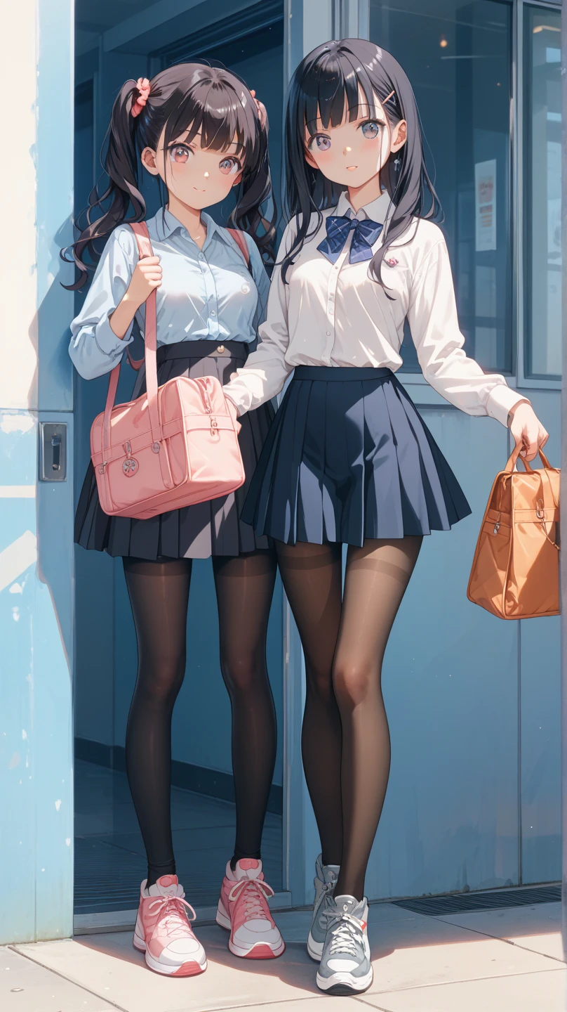 long hair, looking at viewer, smile, bangs, blue eyes, multiple girls, skirt, brown hair, shirt, black hair, short sleeves, brown eyes,  long hair, standing, white polo shirt, pleated skirt, , shoes, socks, striped, collared shirt, hand up, 3girls, bag, kneehighs, plaid skirt, brown footwear, flying sweatdrops, loafers, grey skirt, school bag, diagonal stripes, train station