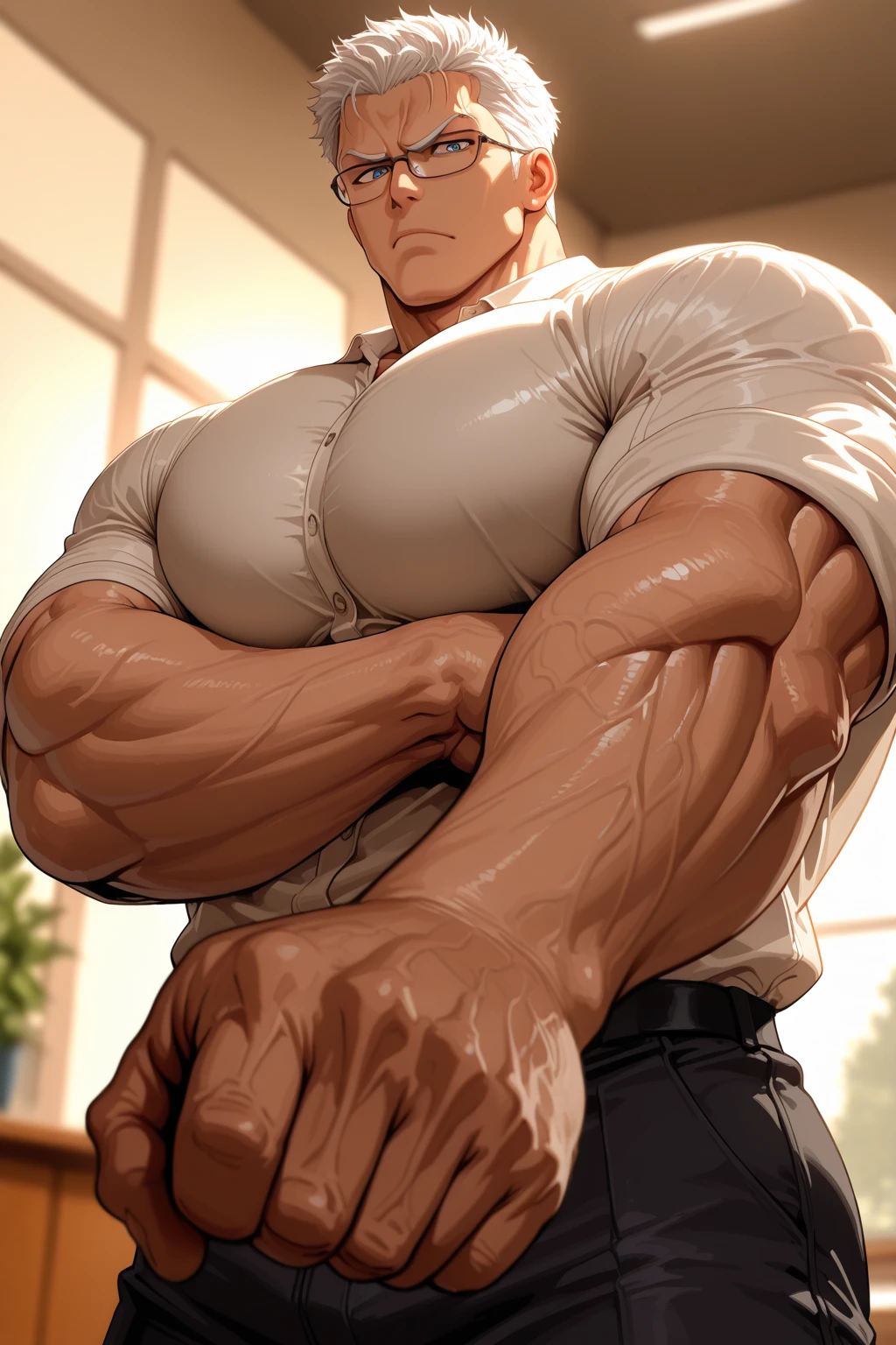 (handsome Man),(Thin mustache:1.1),(crew cut short hair:1.5),black eye, (navy blue tight-fitting round neck short sleeve T-shirt:1.3),(Police badge:1.3),navy blue cargo pants,(navy_gloves:1,3), Korean guy,chest muscles,large arm muscles,blood vessel,Big muscles,Broad shoulders,(open mouth:1.2),(face up:1.2),(open eyes:1.5),middle of the road,smile,(City town:1.4)