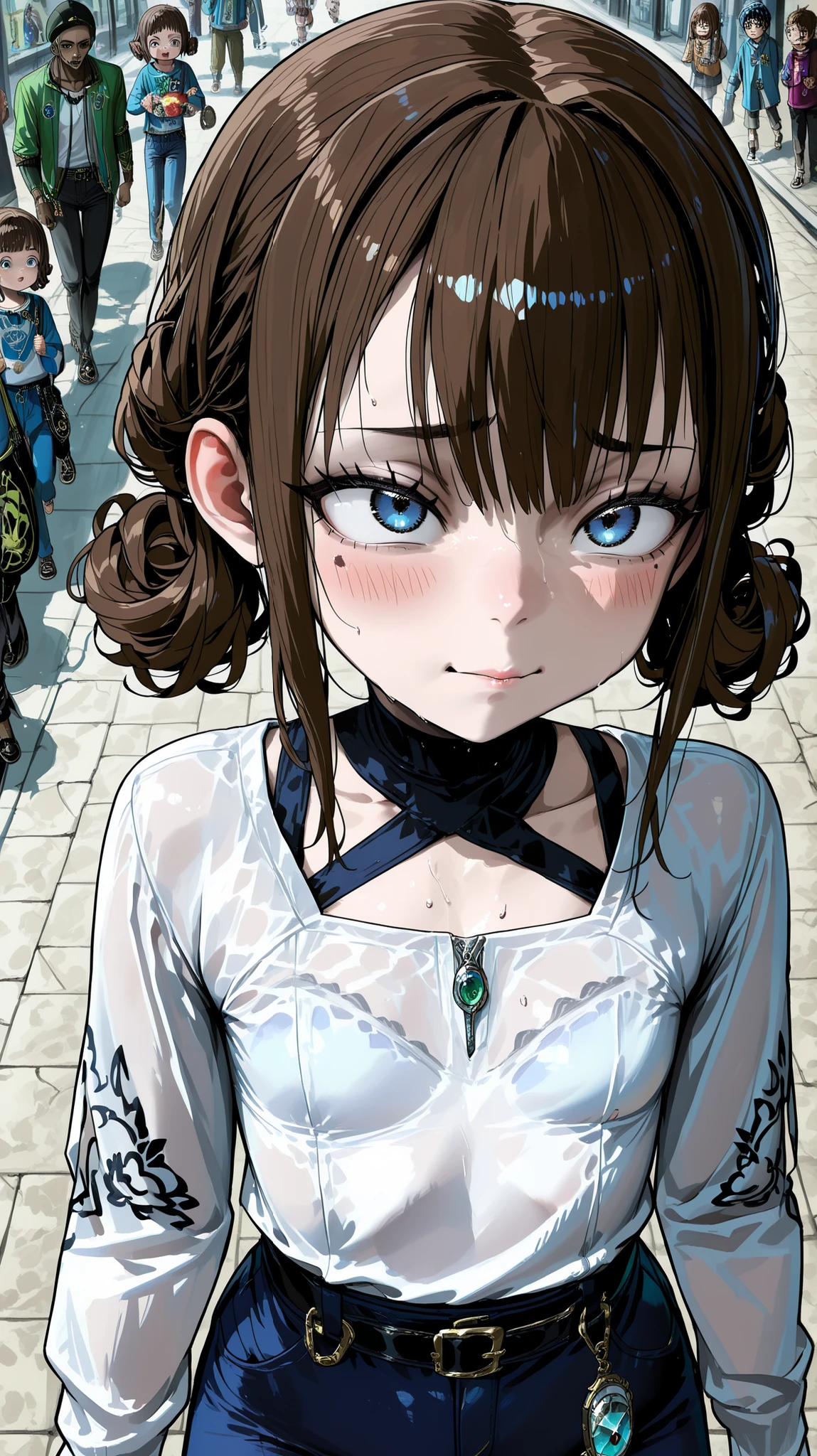 Mab, boy, Deitado, 1 garoto, solo, pequeno, (((muito magro))), (((anorexo))), femboy, raita style, mamilos para cima, pele cinza, loli, child, short curly brown hair, cabelo crespo, olhos amarelos, presumptuous expression, olheiras, Tiredness on the detailed face, ombros pequenos