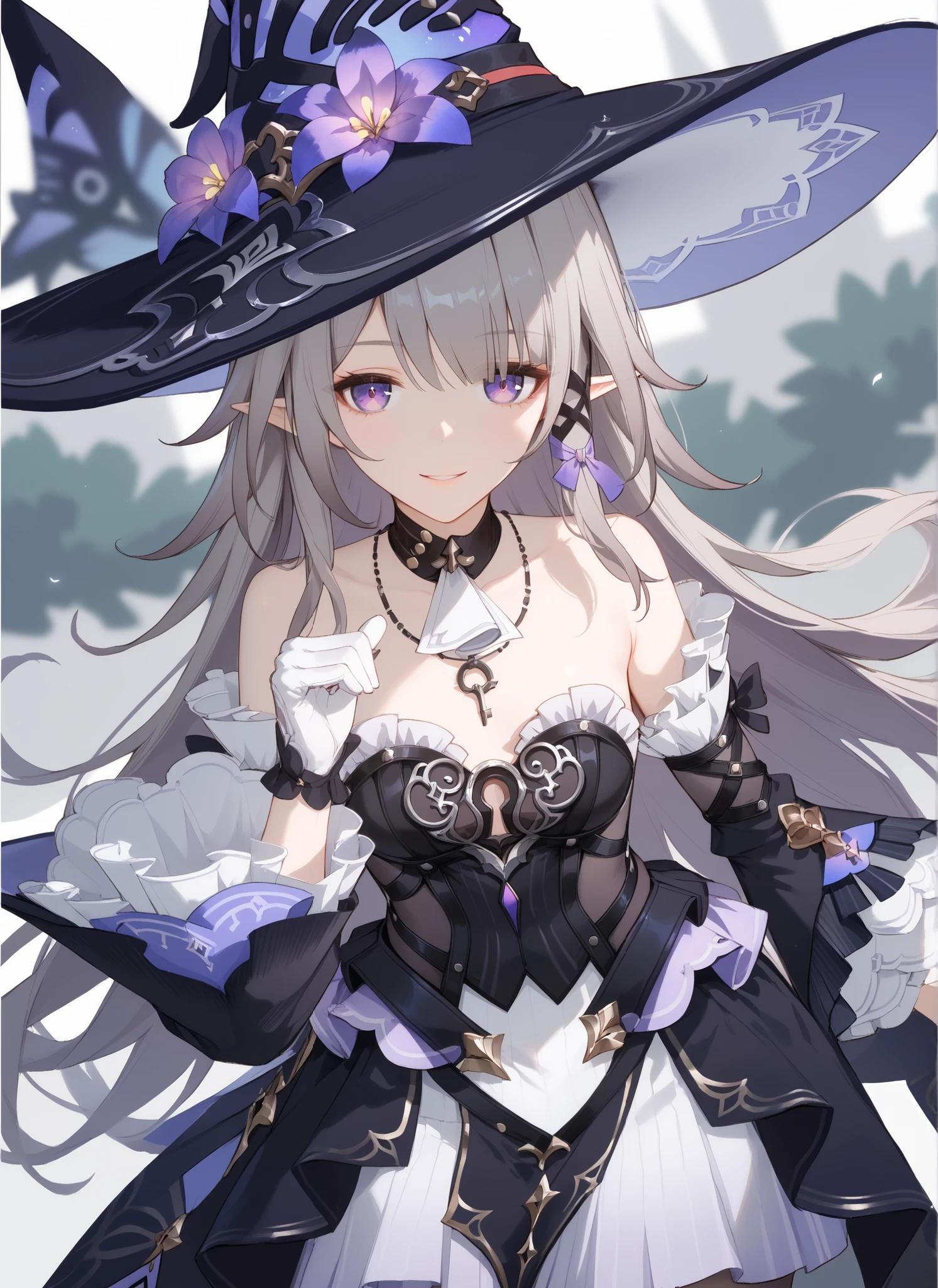 The Herta,the herta \(honkai star rail\), 1girl, hat, solo, leotard, bodystocking, jewelry, frills, black leotard, witch hat, black headwear, necklace, black choker, hat flower,score_9,score_8_up,score_7_up,score_6_up, masterpiece,best quality, witch hat,purple eyes,long hair,dress,looking at viewer, extremely close view, pointy ears, purple eyes, (Herta), white gloves, crossing hand gesture, delicate pose, dynamic angle, leaning forward, dutch angle, from side, head tilt, lovely pose, smile, detached sleeves,bare shoulders,breasts,grey hair,cowboy_shot,pantyhose,white_background,key necklace, depth of field,