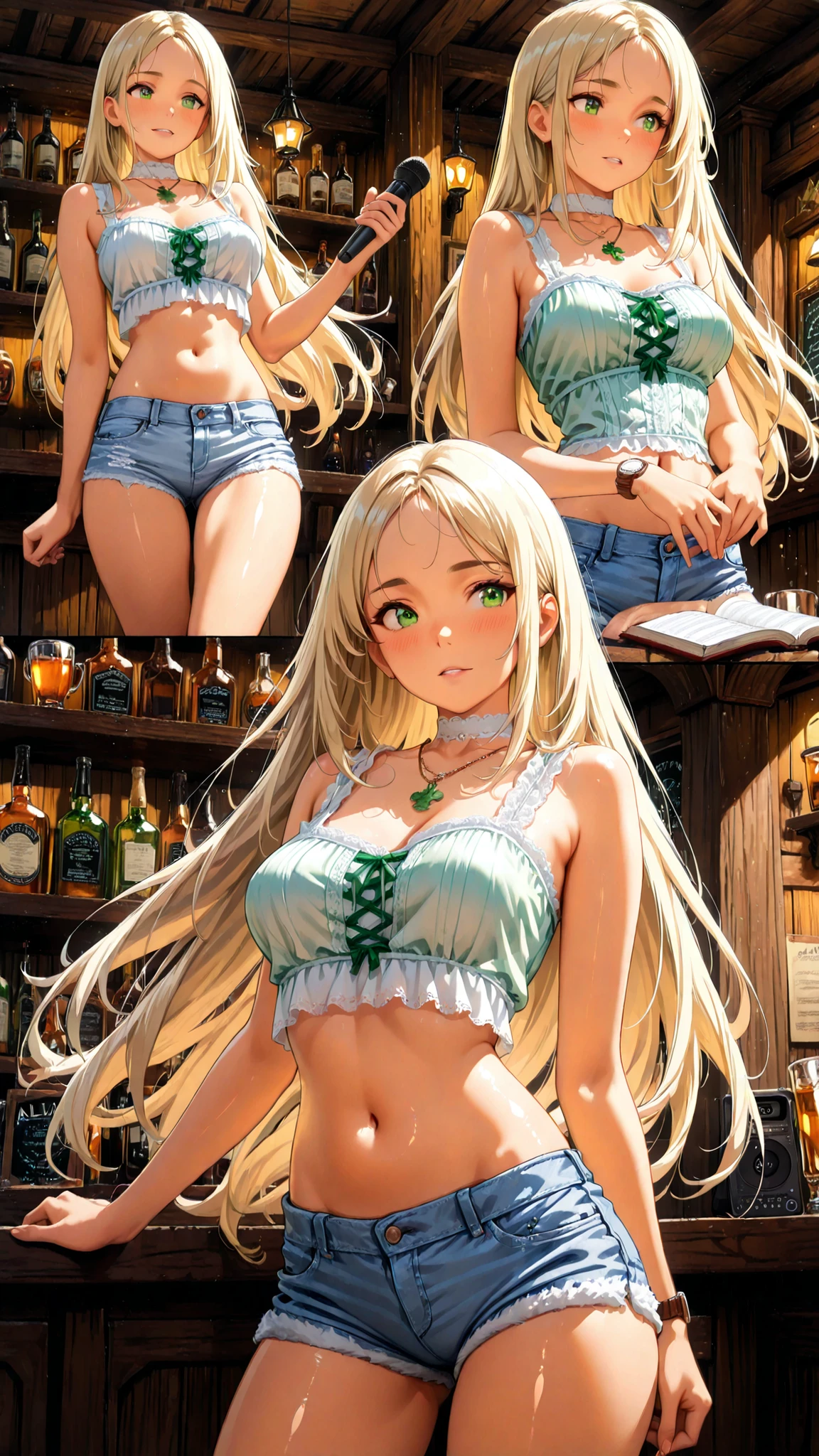 ,
Irish Girl, (Traditional Irish Folk Singer),(cowboy shot),(side views), (looking up from below:0.6 ), sing with emotion ,(blush:0.5),(Watch Viewers)
girls, light blonde, (Quota:0.8),(straight long hair), Greenish Eyes, (big boobs:0.5),(Disconnect:0.6),( white choker), (necklace),(shiny white skin), (spreads her arms:0.2),(Celtic Sleeveless Tee),(belly button),(white denim shorts),(traditional songs:1.2),
8k resolution, 複雑なdetails,
perfect composition,
(folk music magazine pictures),(music jam session),(Irish pub at night),(traditional Irish music bands and:1.3),(handheld microphone),(Altan:1.3),
(sepia tone), perfect lighting,
Perfect exposure, aperture and shutter speed,
(realistic:0.65),(masterpiece, details:1.2), ath1337,