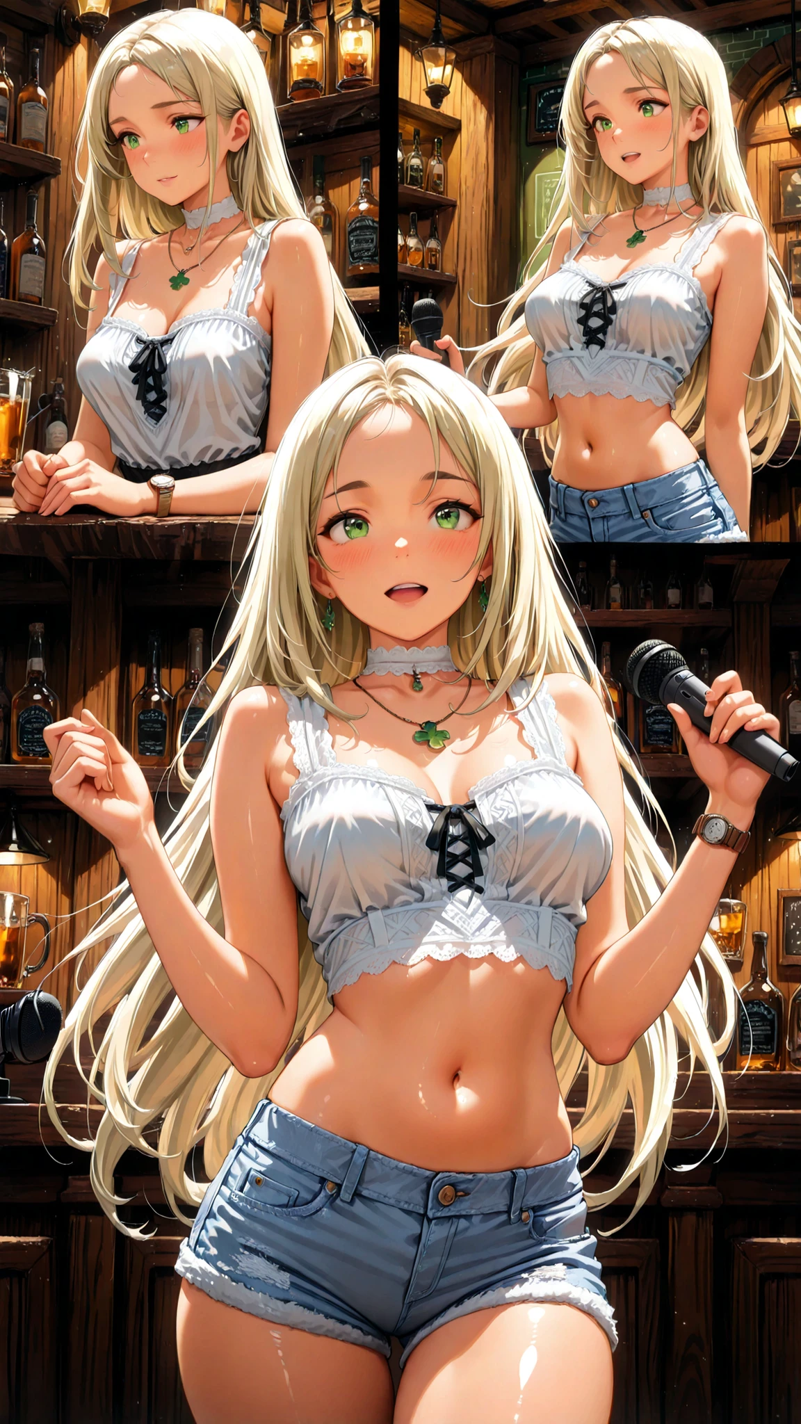  ,
Irish Girl, (Traditional Irish Folk Singer),(cowboy shot),(side views), (looking up from below:0.6 ), sing with emotion ,(blush:0.5),(Watch Viewers)
girls, light blonde, (Quota:0.8),(straight long hair), Greenish Eyes, (big boobs:0.5),(Disconnect:0.6),( white choker), (necklace),(shiny white skin), (spreads her arms:0.2),(Celtic Sleeveless Tee),(belly button),(white denim shorts),(traditional songs:1.2),


8k resolution, 複雑なdetails, 

perfect composition,

(folk music magazine pictures),(music jam session),(Irish pub at night),(traditional Irish music bands and:1.3),(handheld microphone),(Altan:1.3),

 (sepia tone), perfect lighting,

 Perfect exposure, aperture and shutter speed,

(realistic:0.65),(masterpiece, details:1.2), ath1337, 