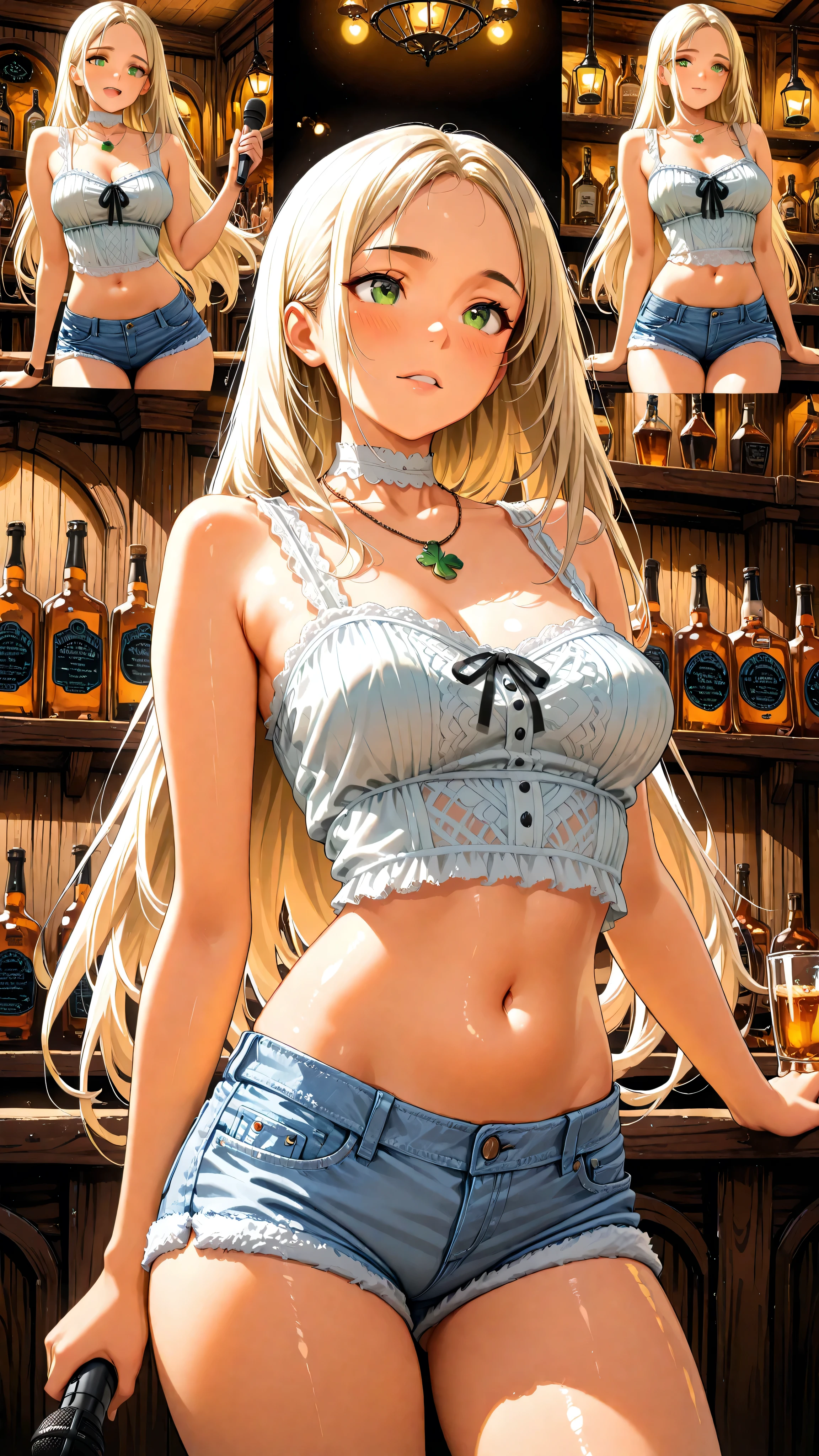  ,
Irish Girl, (Traditional Irish Folk Singer),(cowboy shot),(side views), (looking up from below:0.6 ), sing with emotion ,(blush:0.5),(Watch Viewers)
girls, light blonde, (Quota:0.8),(straight long hair), Greenish Eyes, (big boobs:0.5),(Disconnect:0.6),( white choker), (necklace),(shiny white skin), (spreads her arms:0.2),(Celtic Sleeveless Tee),(belly button),(white denim shorts),(traditional songs:1.2),


8k resolution, 複雑なdetails, 

perfect composition,

(folk music magazine pictures),(music jam session),(Irish pub at night),(traditional Irish music bands and:1.3),(handheld microphone),(Altan:1.3),

 (sepia tone), perfect lighting,

 Perfect exposure, aperture and shutter speed,

(realistic:0.65),(masterpiece, details:1.2), ath1337, 